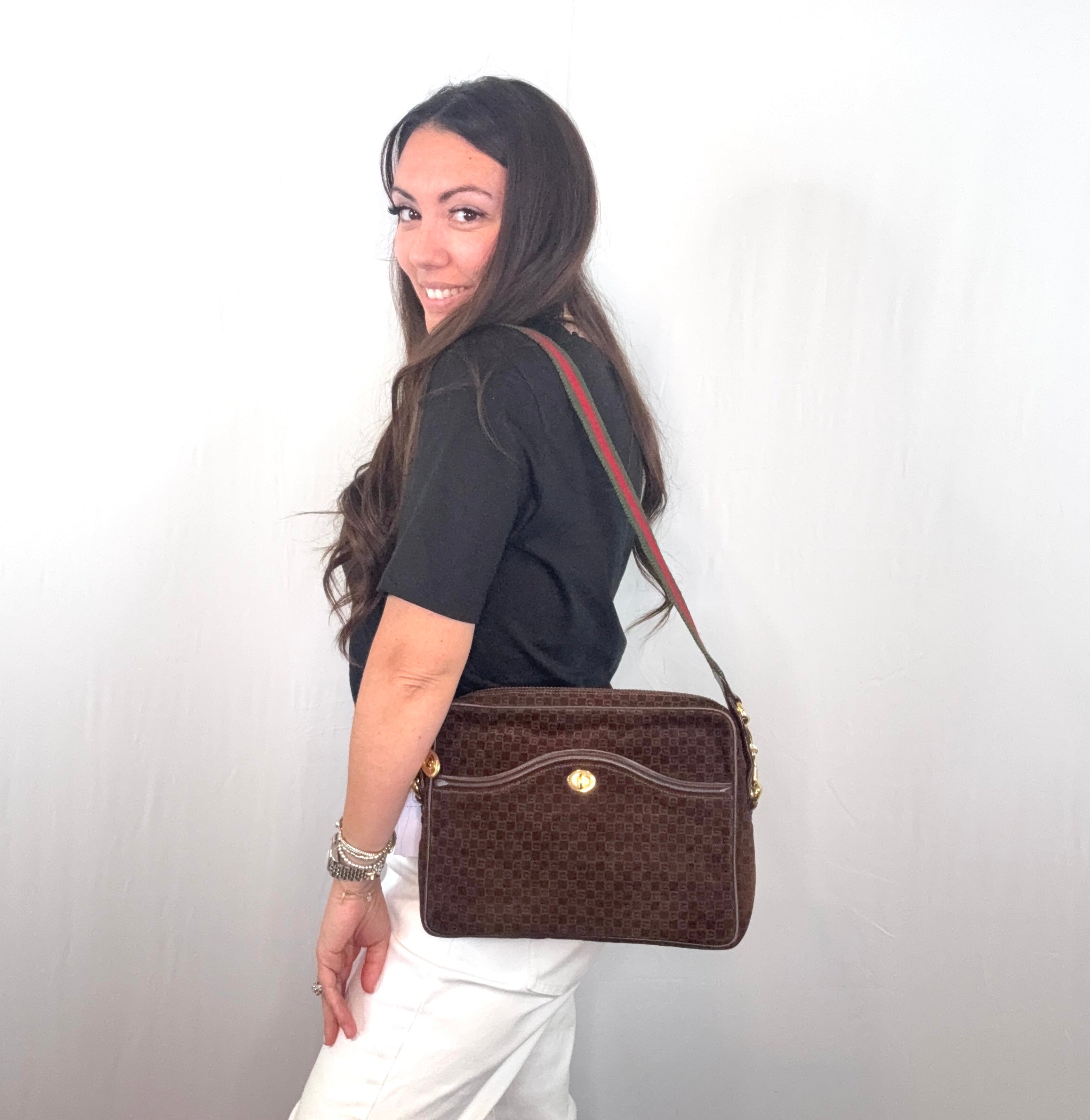 Gucci Vintage Brown Monogram Suede Web Shoulder Bag