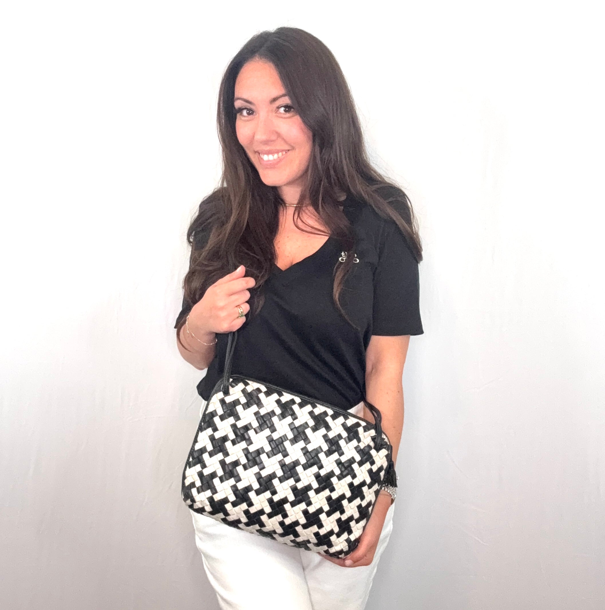 Bottega Veneta Black White Intrecciato Woven Nodini Crossbody Bag