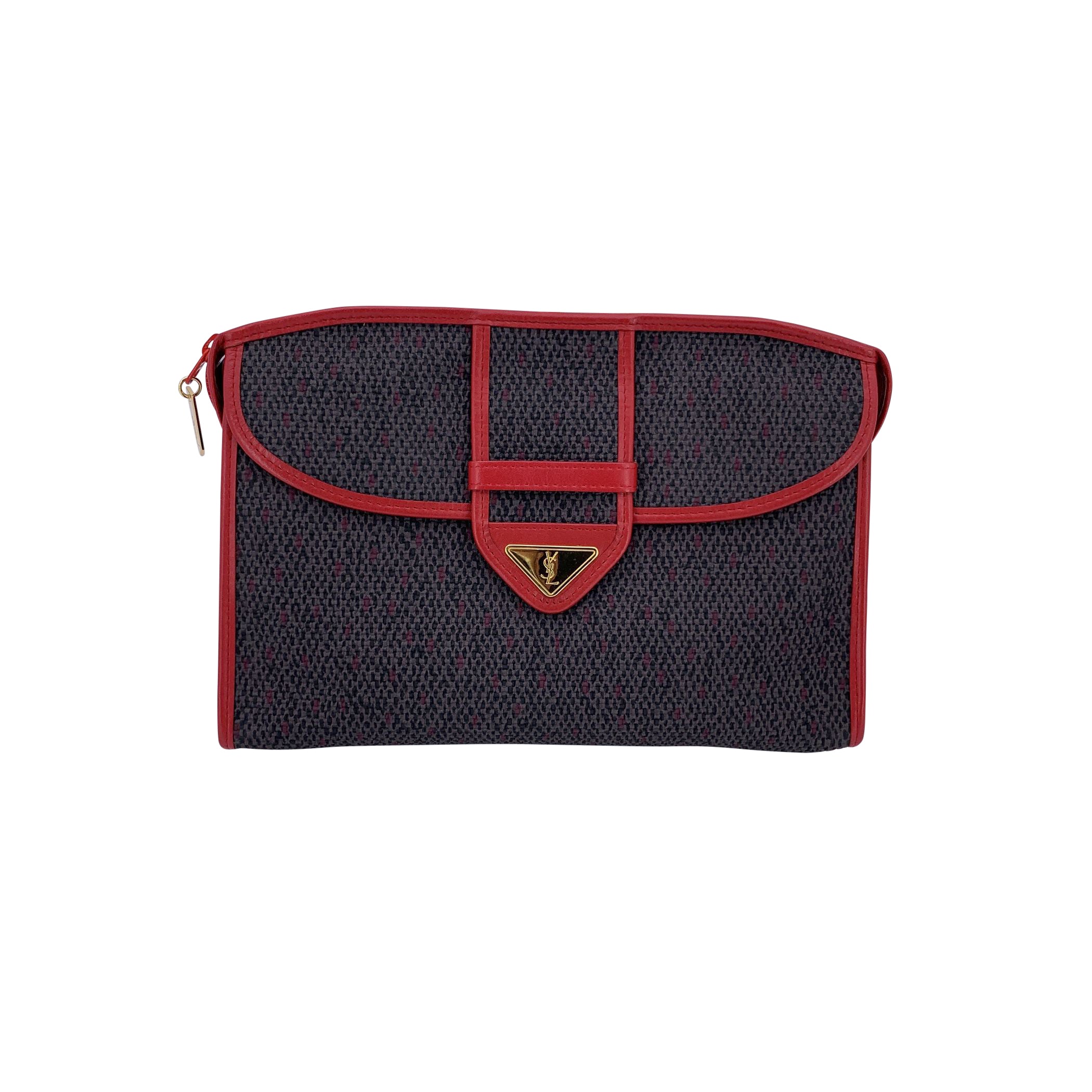 Yves Saint Laurent Vintage Grey and Red Textured Canvas Clutch Bag