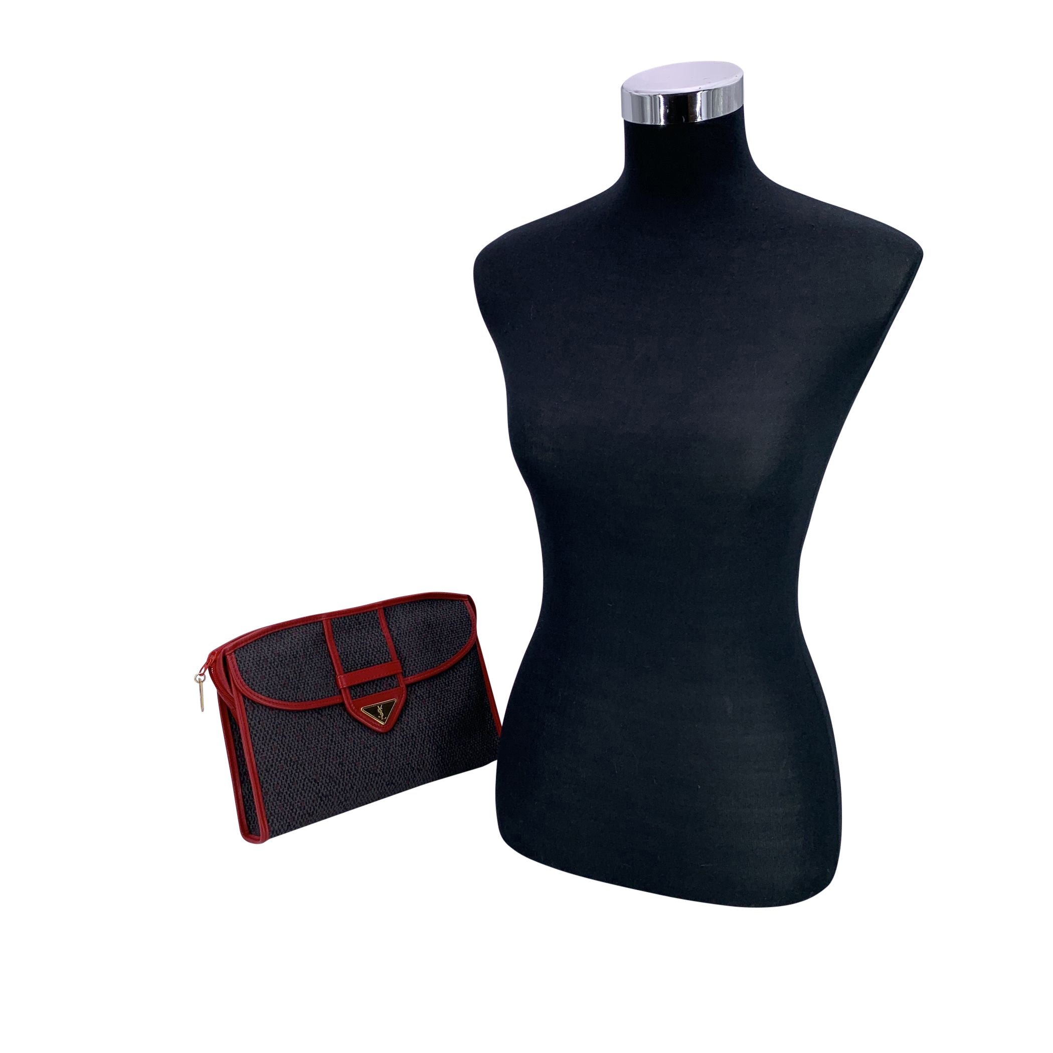 Yves Saint Laurent Vintage Grey and Red Textured Canvas Clutch Bag