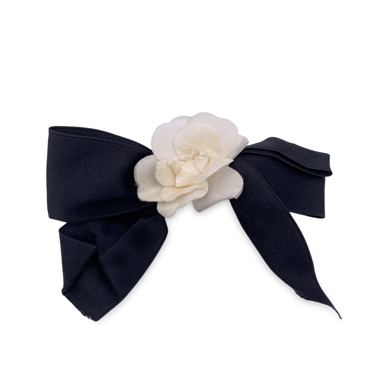 Chanel Vintage Black and White Silk Camellia Camelia Bow Hair Clip