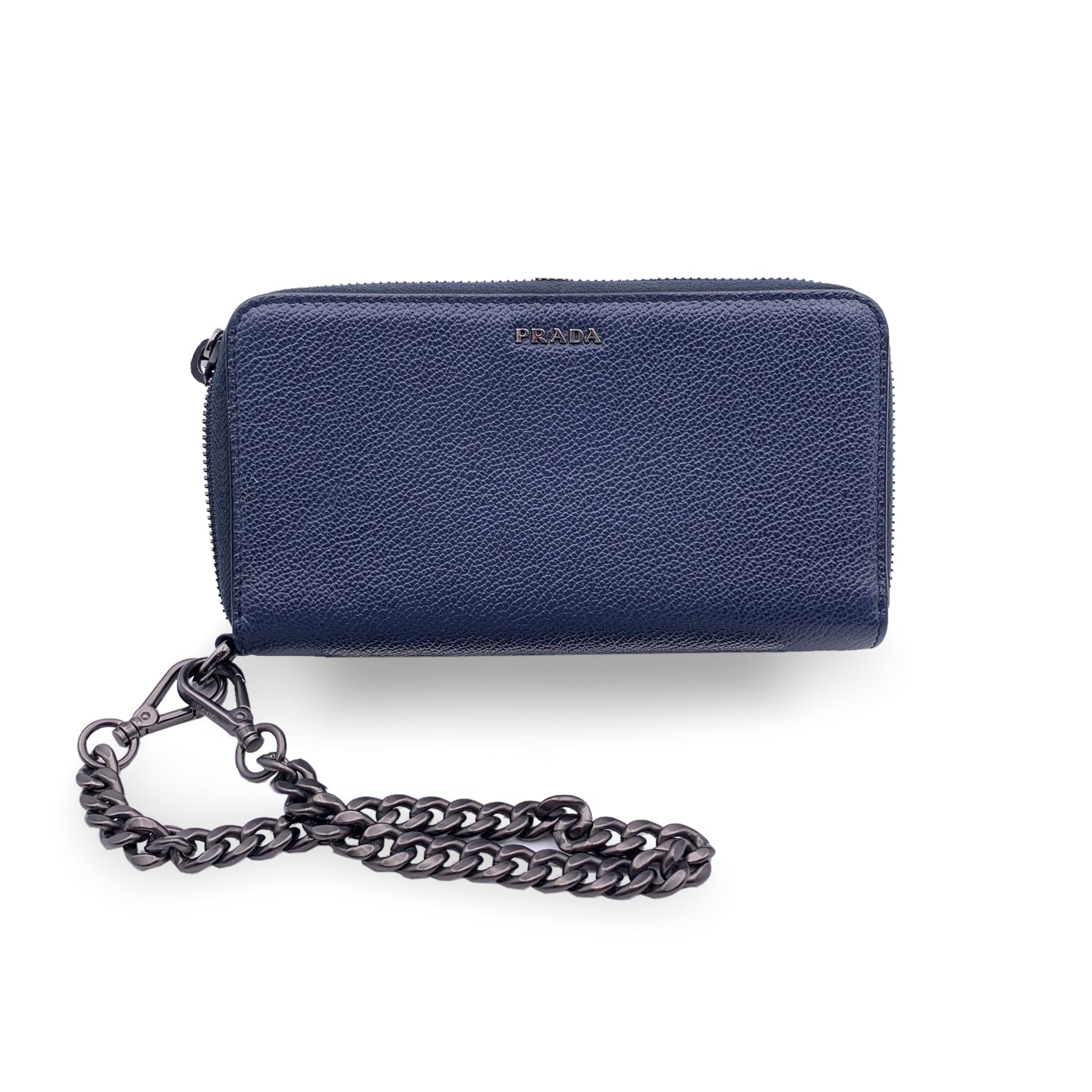 Portafoglio Prada in pelle blu con catena WOC Portafoglio Zippy