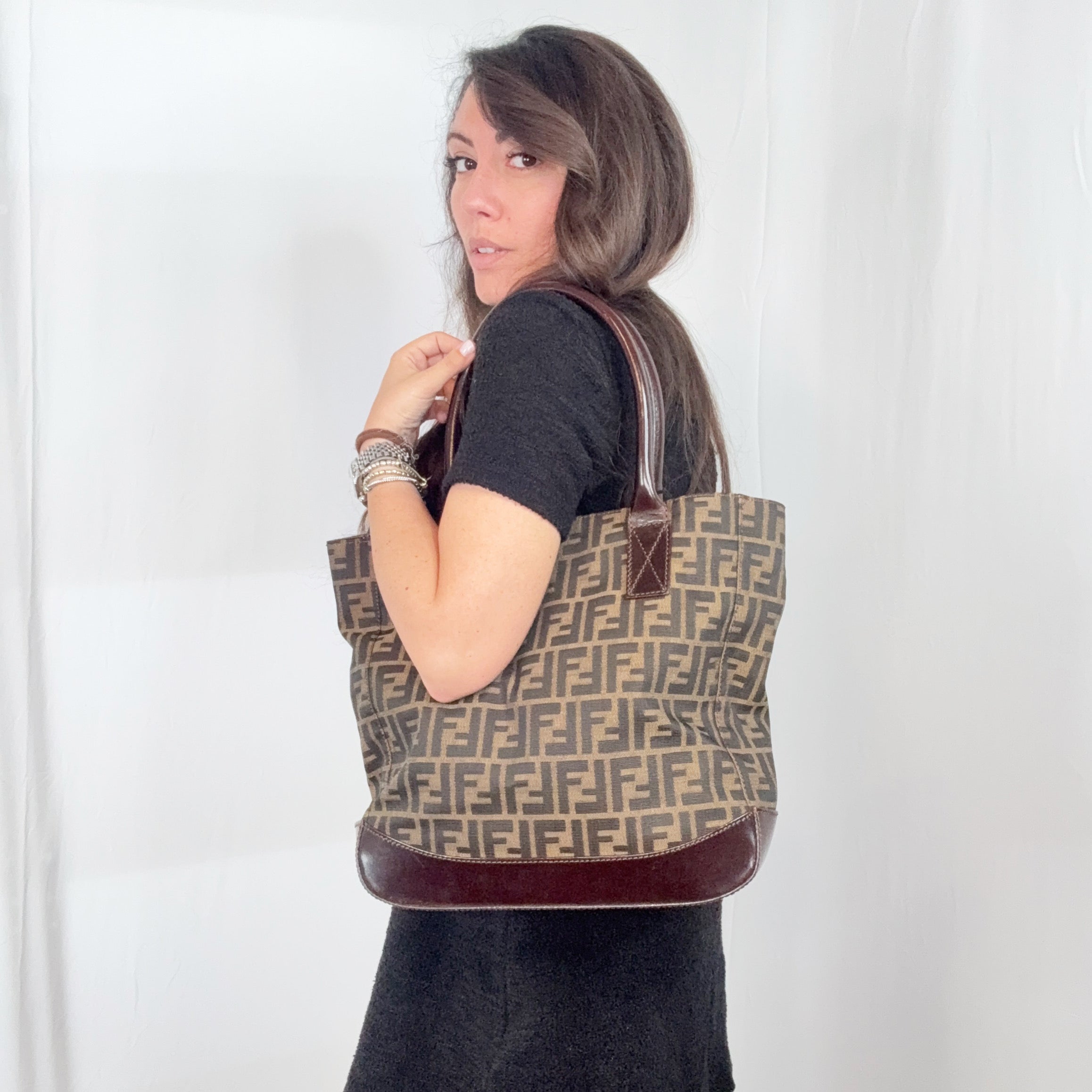 Fendi Vintage Zucca Monogram Canvas Tote Handbag Shoulder Bag