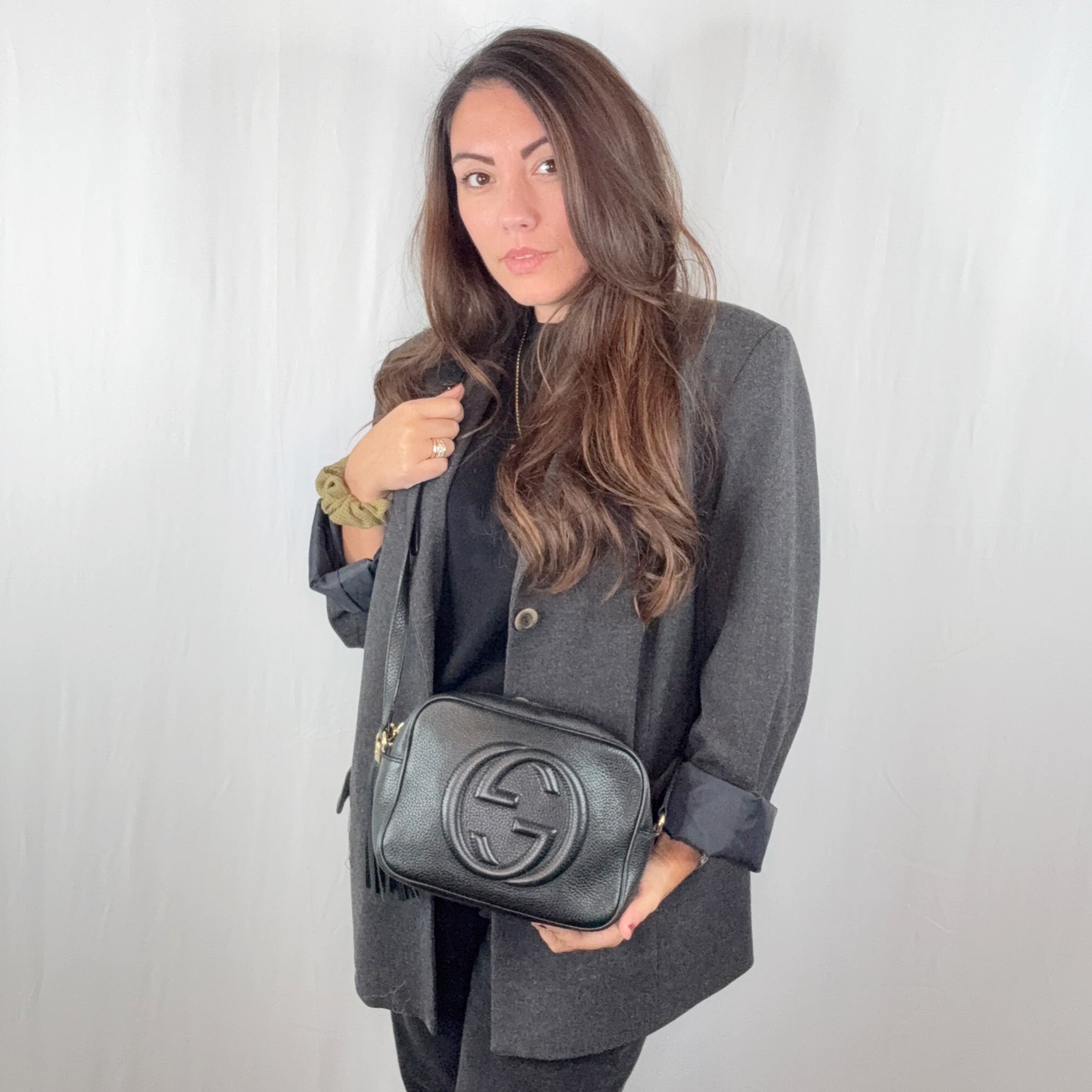 Gucci Black Leather Soho GG Logo Small Crossbody Bag