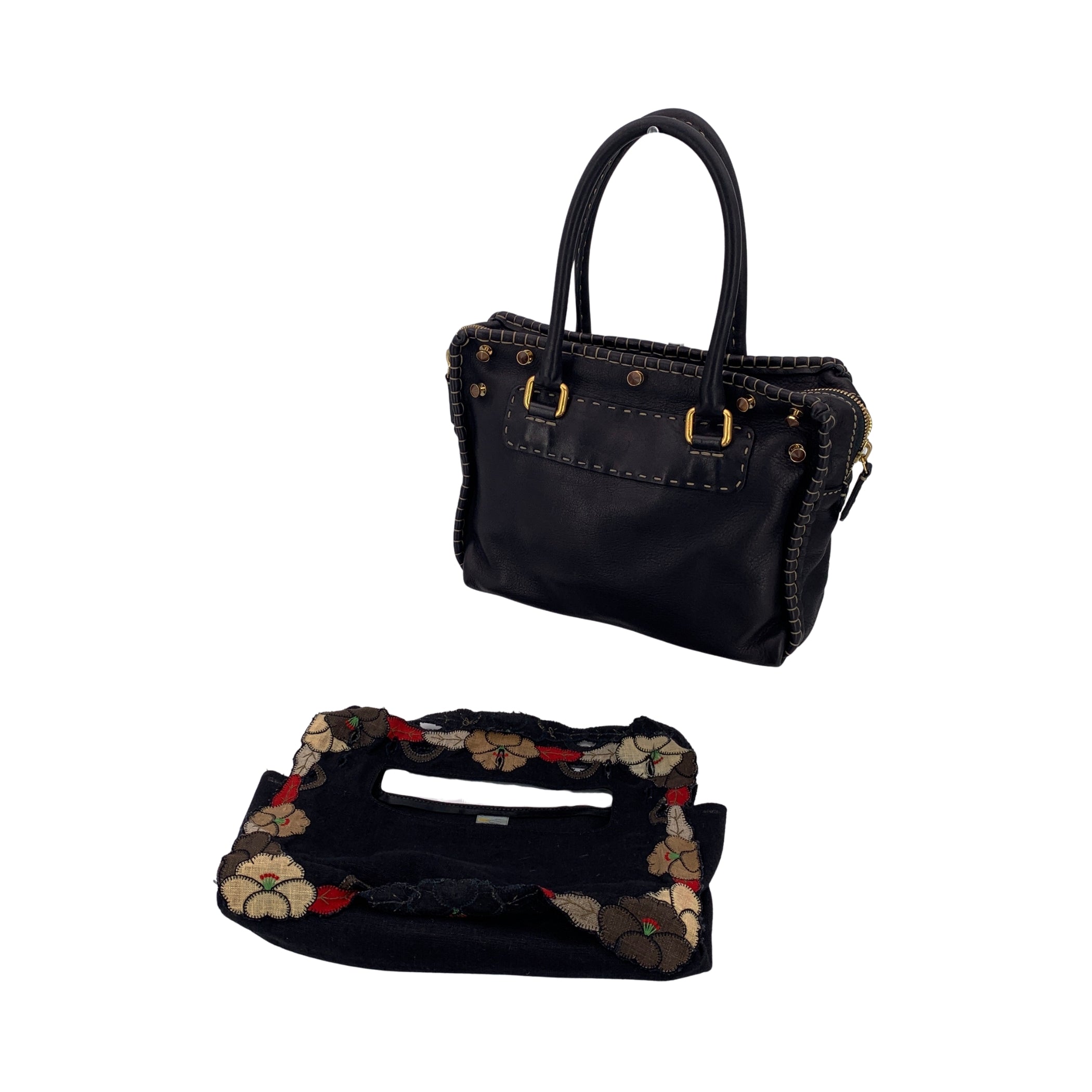 Fendi – Umhängetasche aus schwarzem Canvas und Leder mit Blumenapplikation