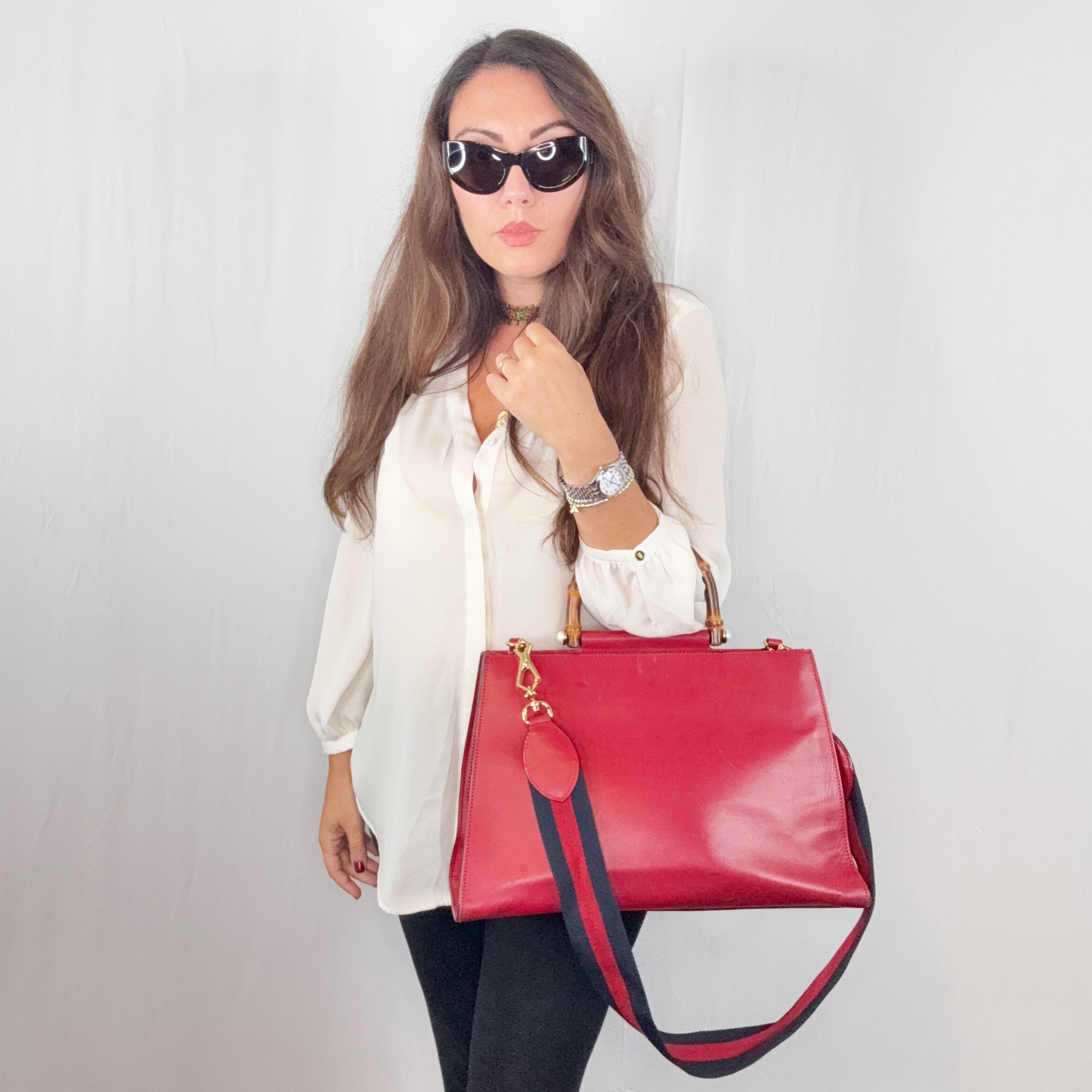 Gucci Nymphaea Tote Bag aus rotem Leder mit Bambusgriff und Riemen