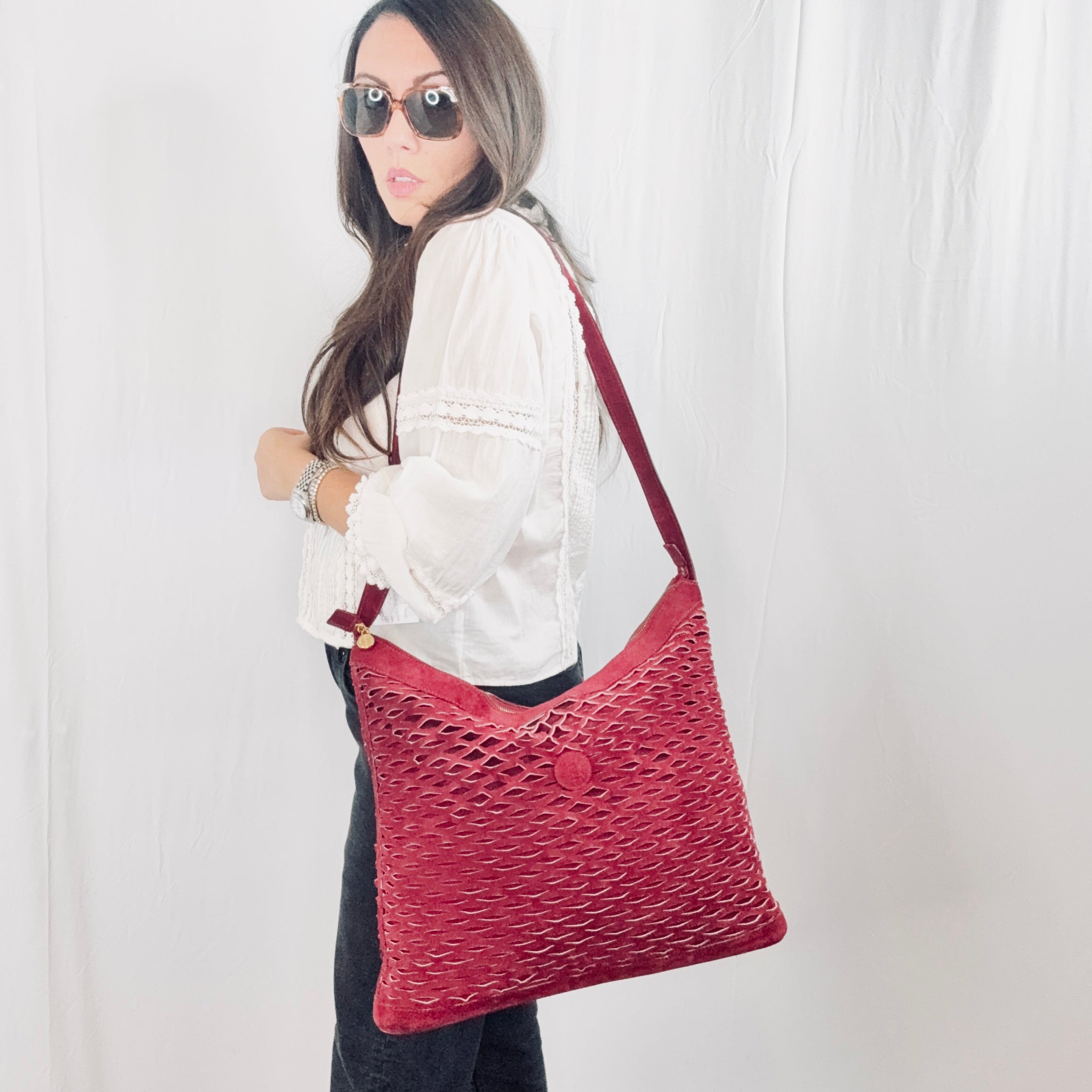 Fendi Vintage Burgundy Perforated Suede Tote Shoulder Bag