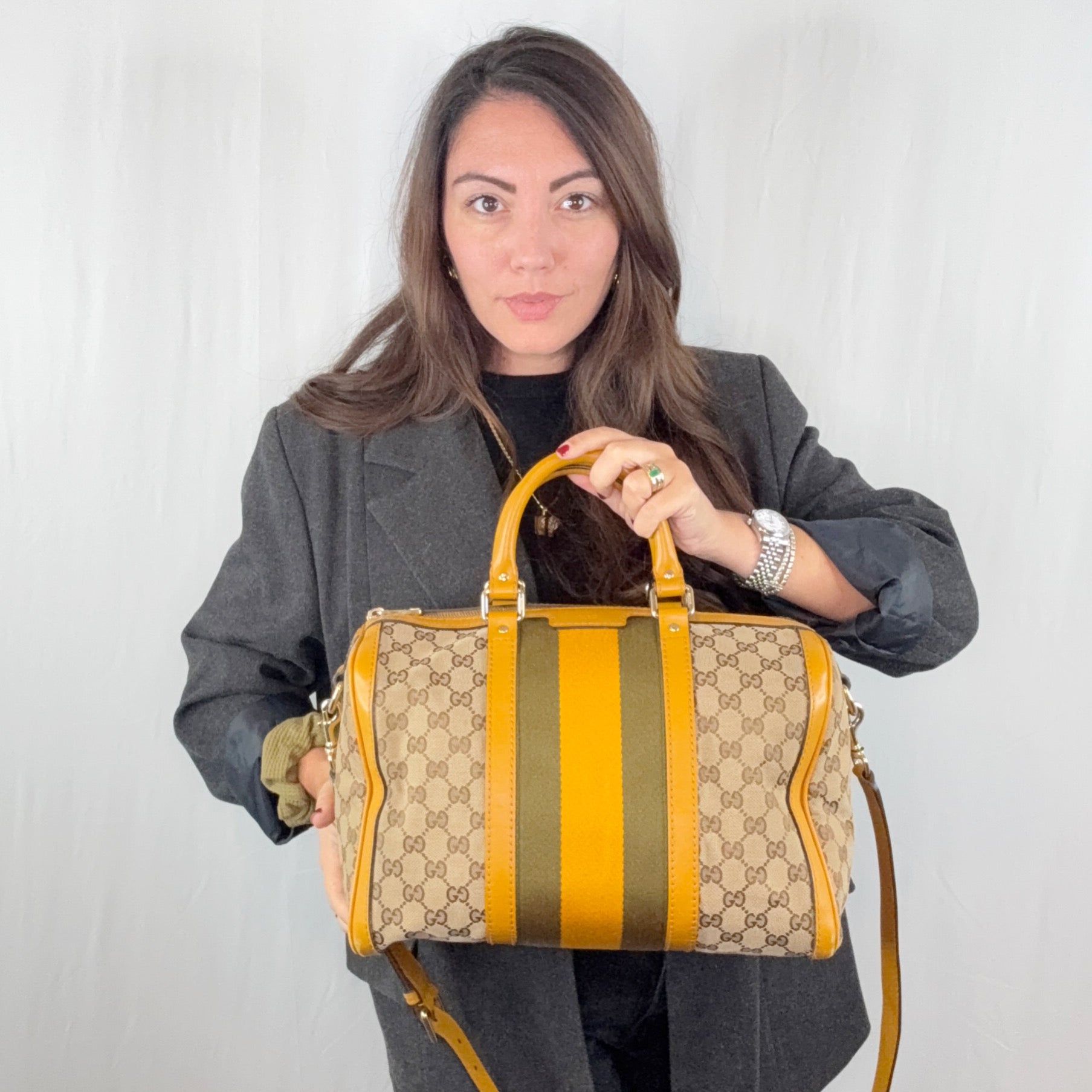 Gucci Beige Monogram Yellow Web Stripes Boston Bag with Strap