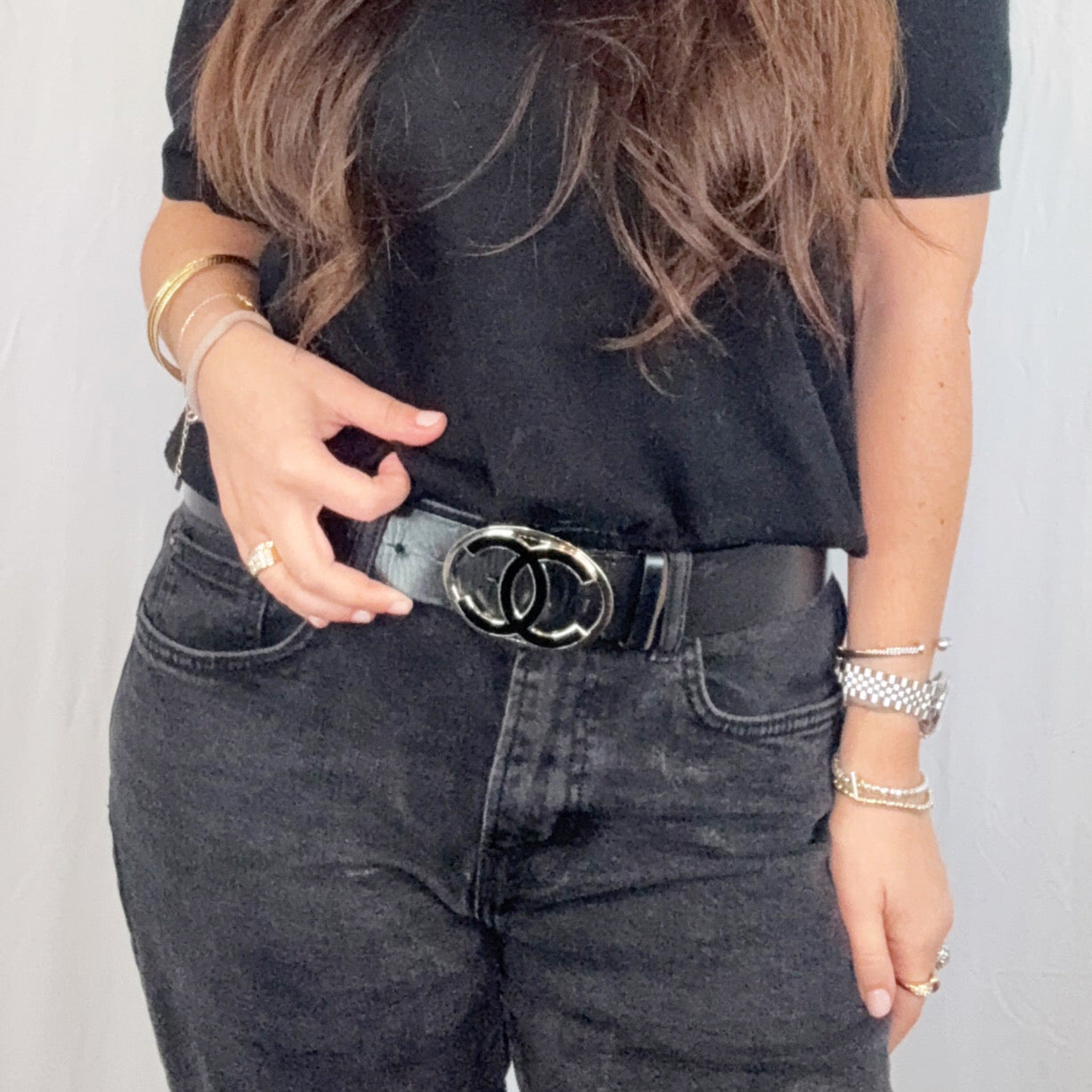 Chanel Black Leather Silver CC Logo Buckle Belt Size 85/34