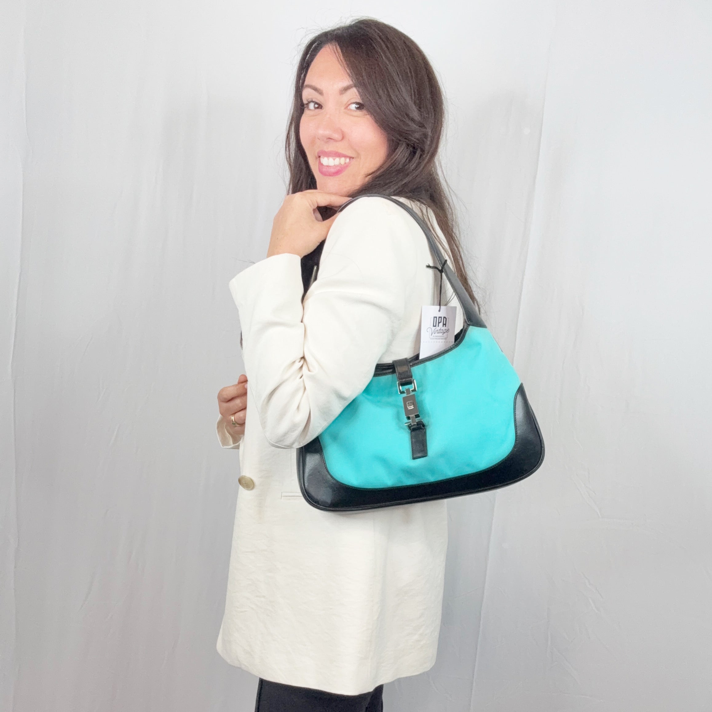 Gucci Turquoise Canvas Black Leather Jackie Hobo Bag Handbag