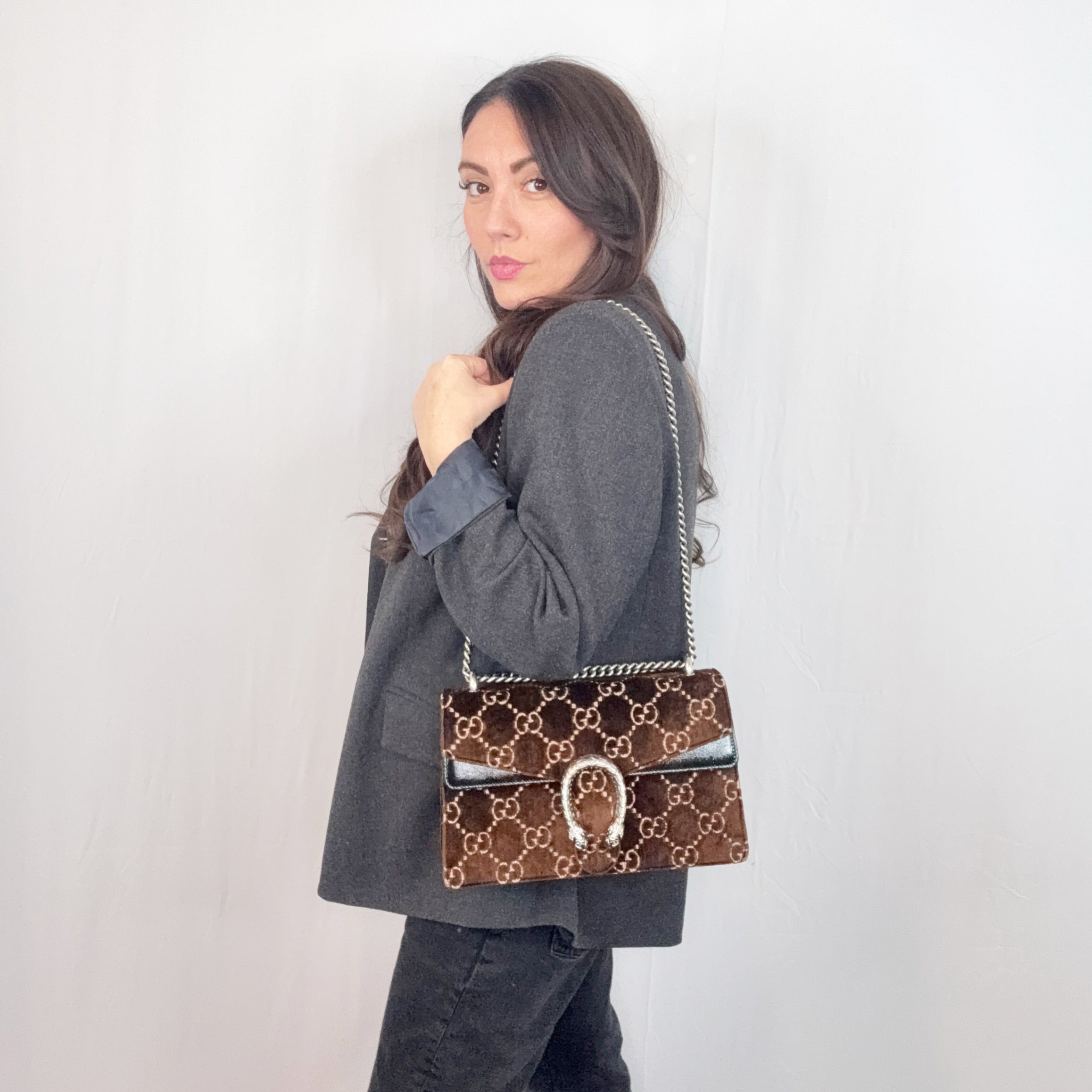 Gucci Brown Velvet Monogram GG Small Dionysus Shoulder Bag