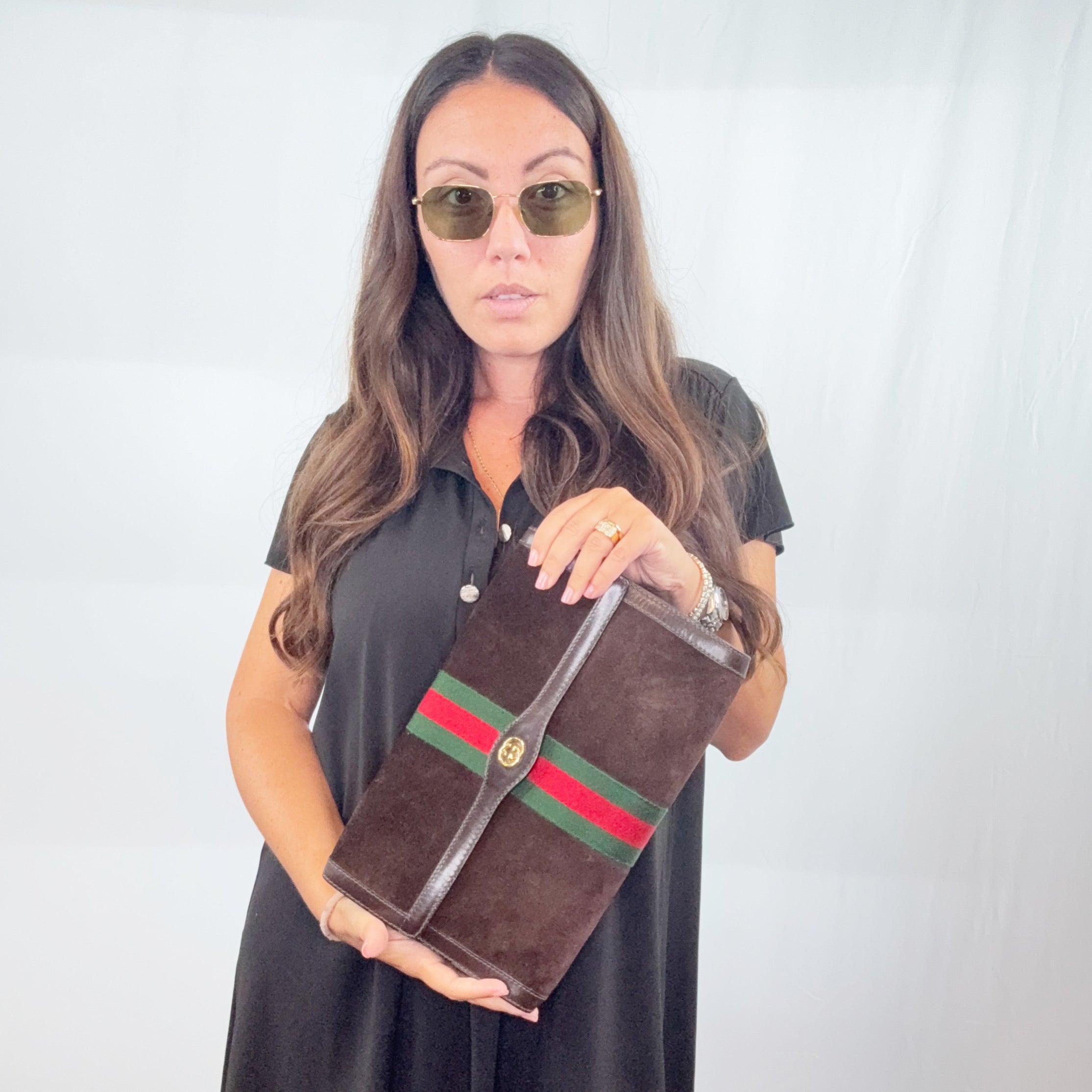 Gucci Vintage Brown Suede Flap Cosmetic Bag Clutch con strisce