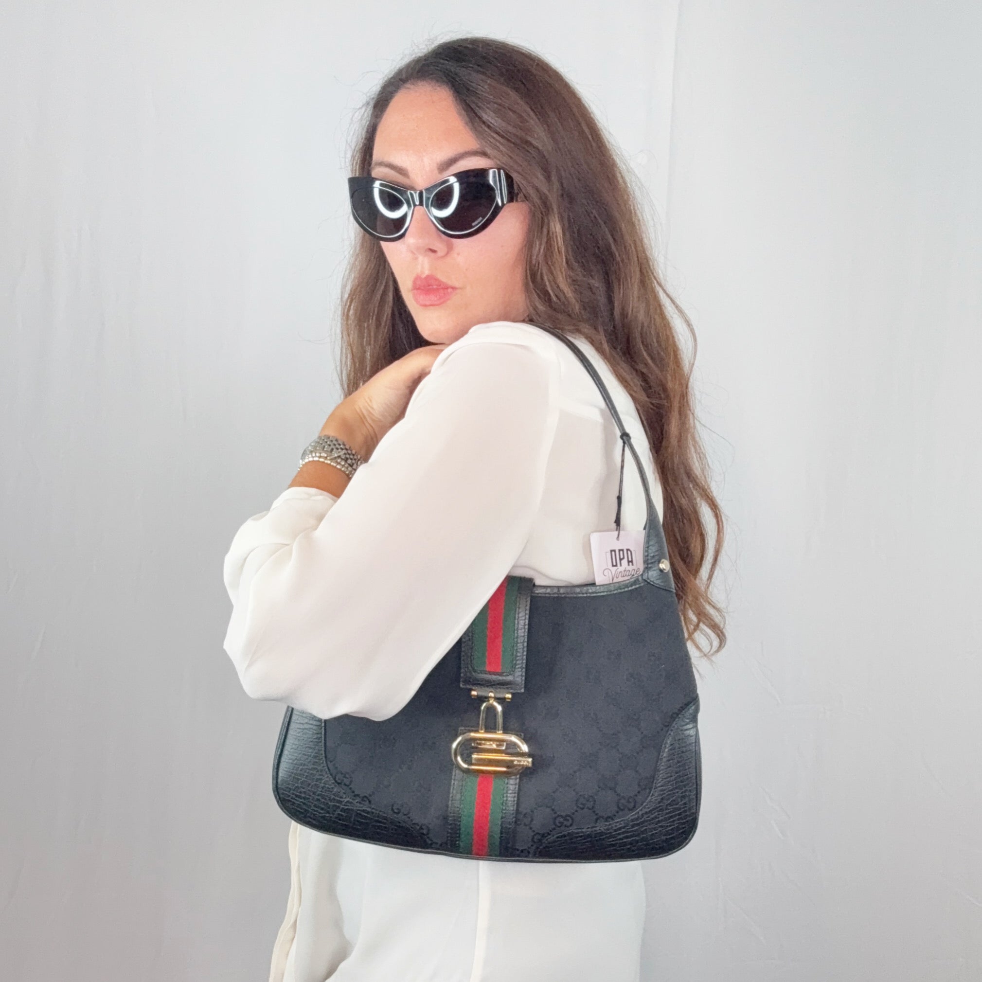 Gucci Black Monogram Canvas Leder Web Hobo Umhängetasche