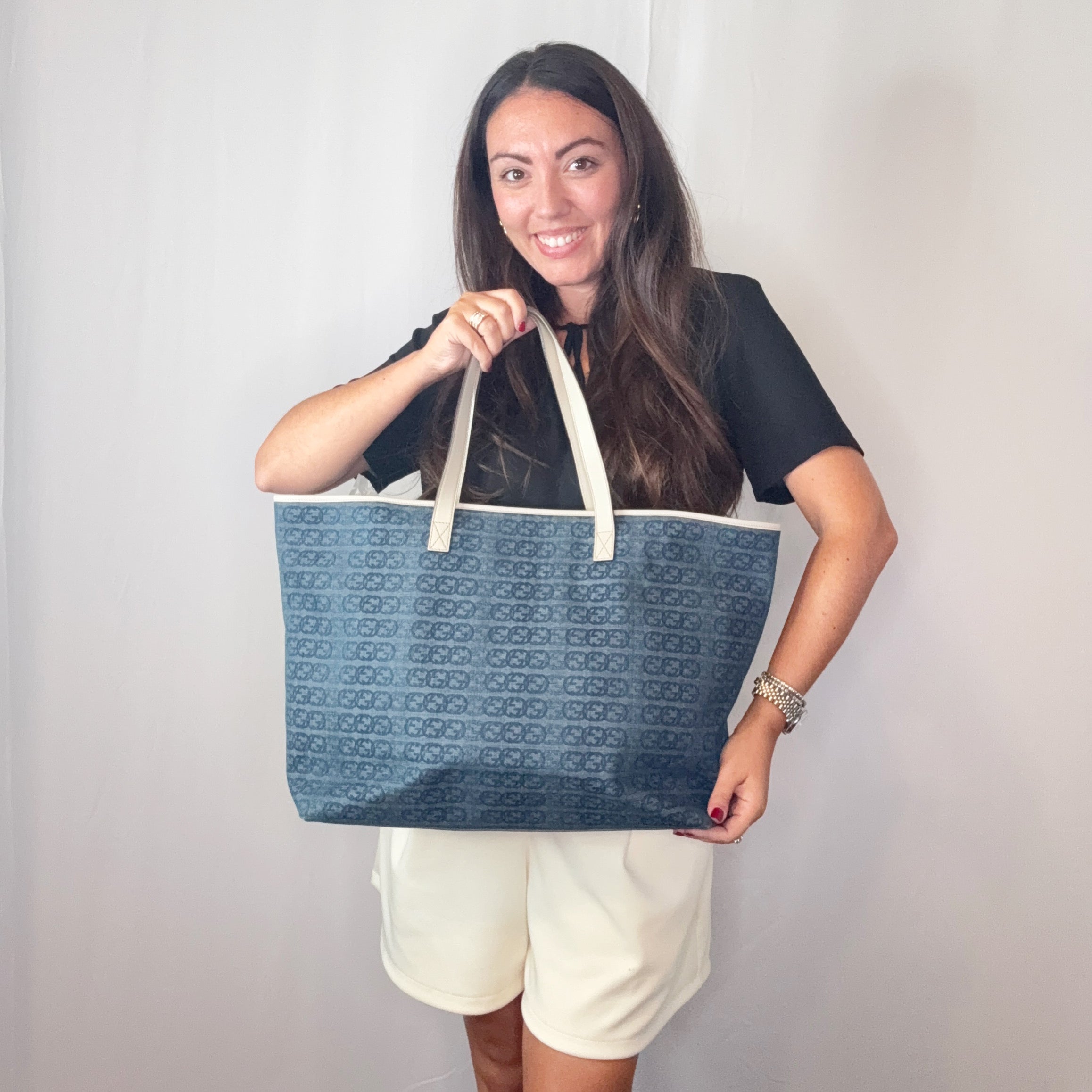 Gucci Blue Logo Denim und Leder Tote Bag Shopper Weiß