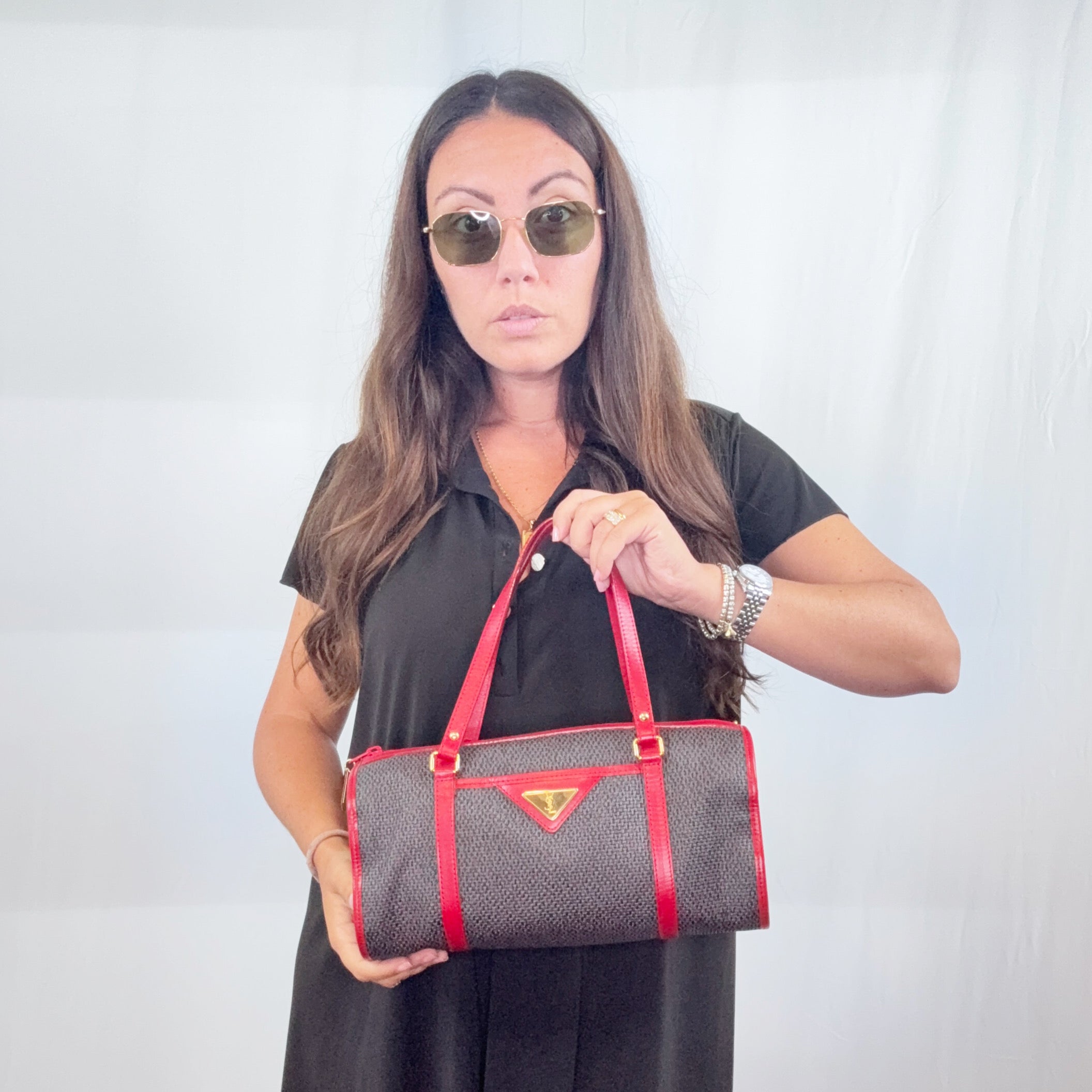 Borsa a mano in tela vinilica testurizzata grigia e rossa Yves Saint Laurent