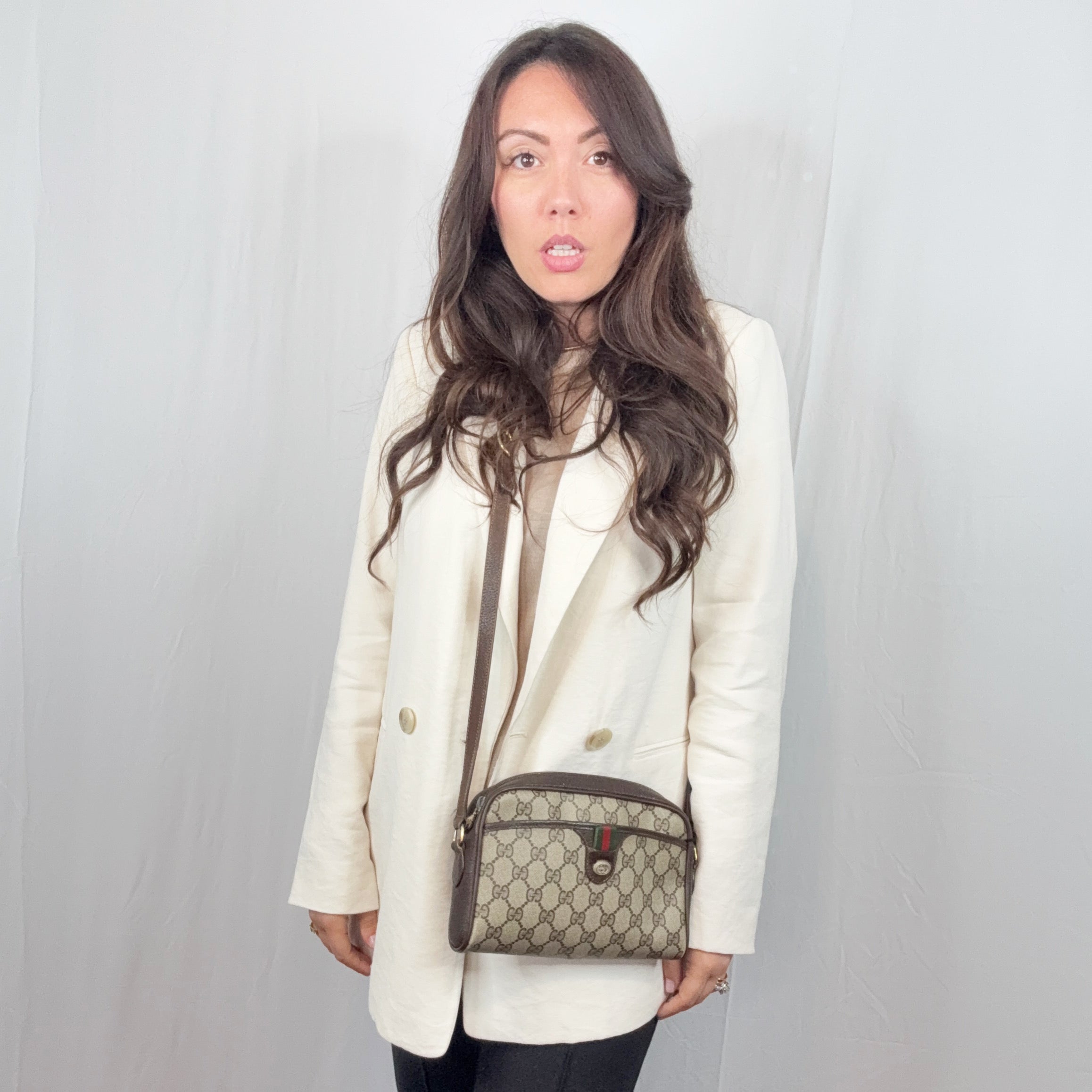 Gucci Vintage Beige GG Monogram Canvas Messenger Crossbody Bag