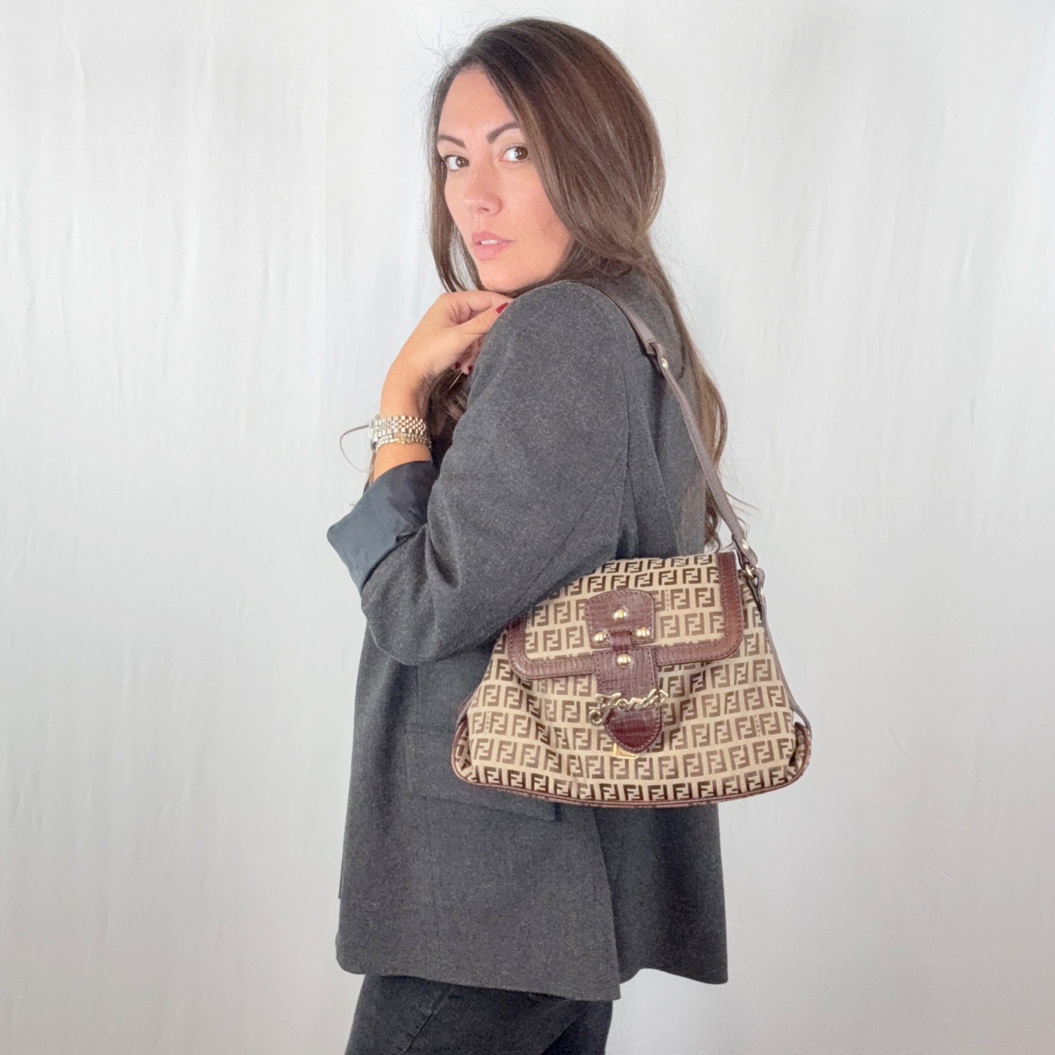 Borsa a tracolla Fendi in tela con monogramma Zucchino marrone