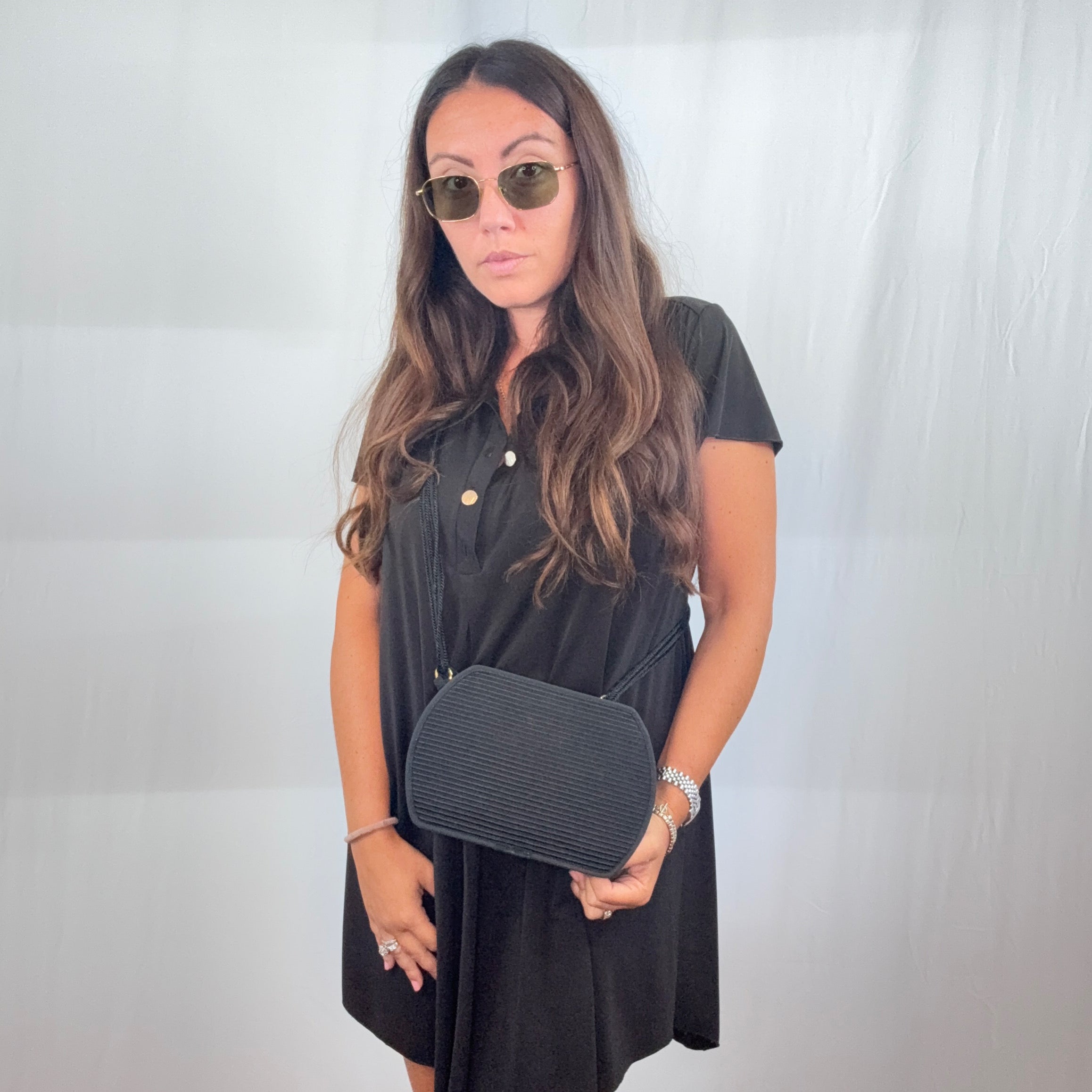 Borsa a tracolla vintage in tessuto a coste nero Yves Saint Laurent