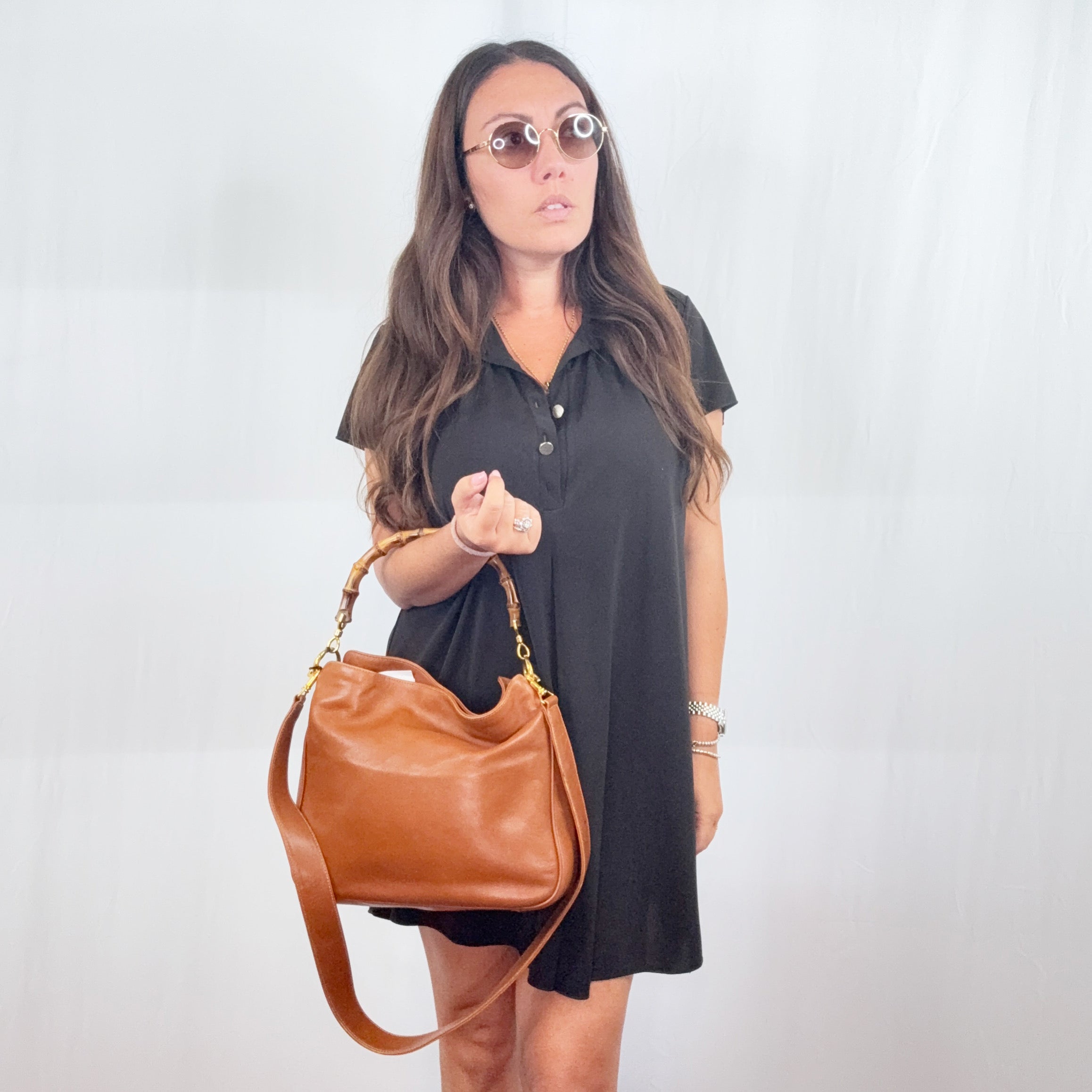 Borsa a tracolla Gucci Vintage in pelle marrone chiaro con manico in bambù