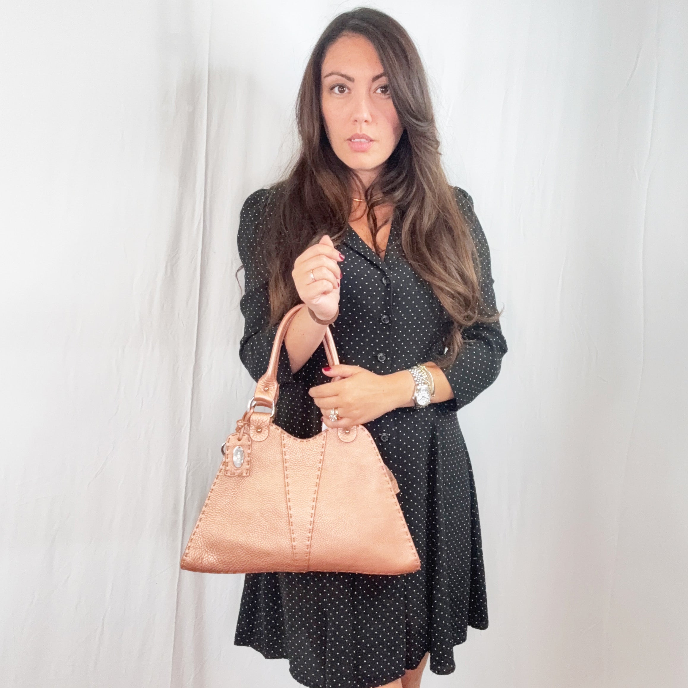 Fendi Selleria Pink Rose Metallic Leather Devil Trapezio Hobo Bag