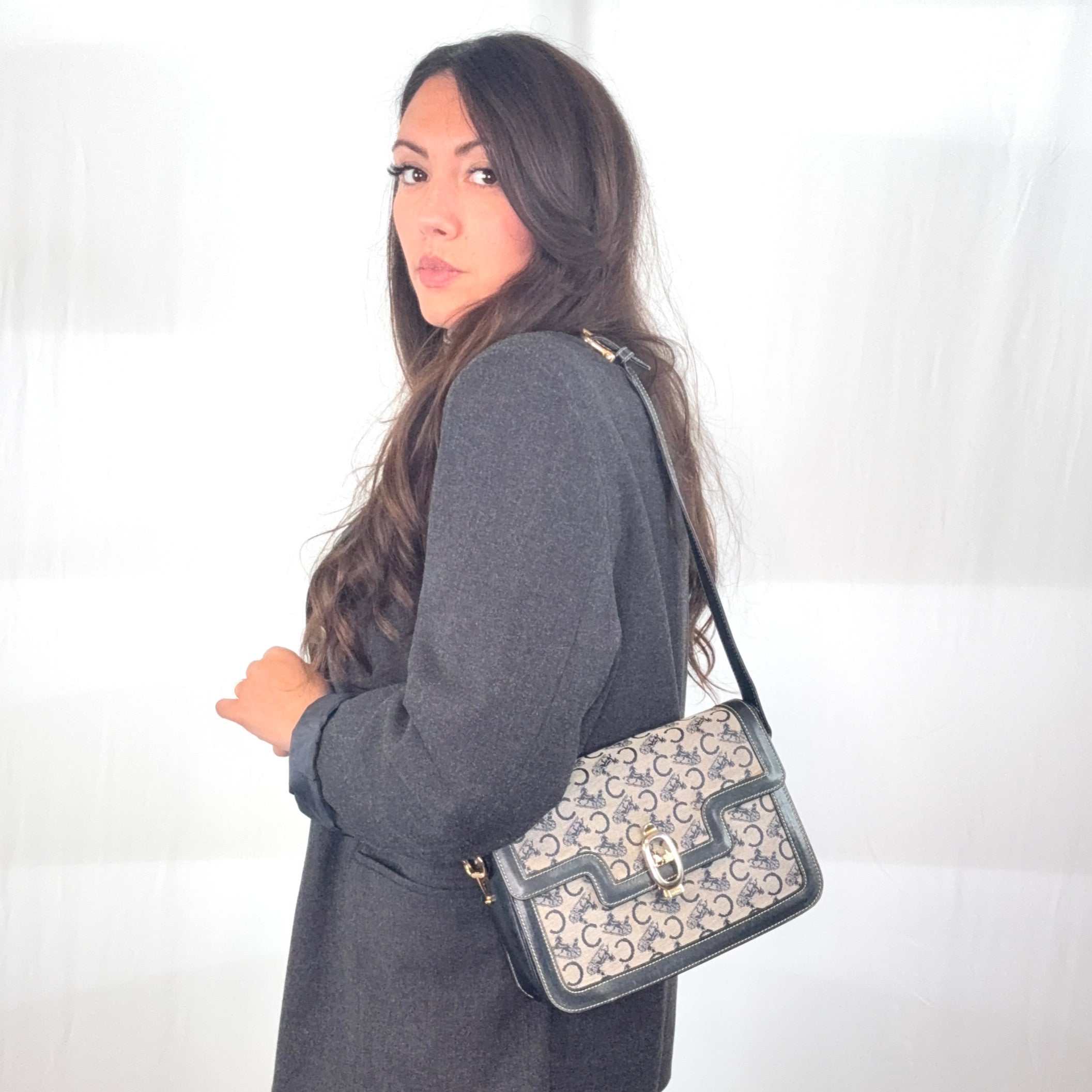 Borsa a tracolla Celine Vintage blu e grigia in tela con patta a scatola C Carriage