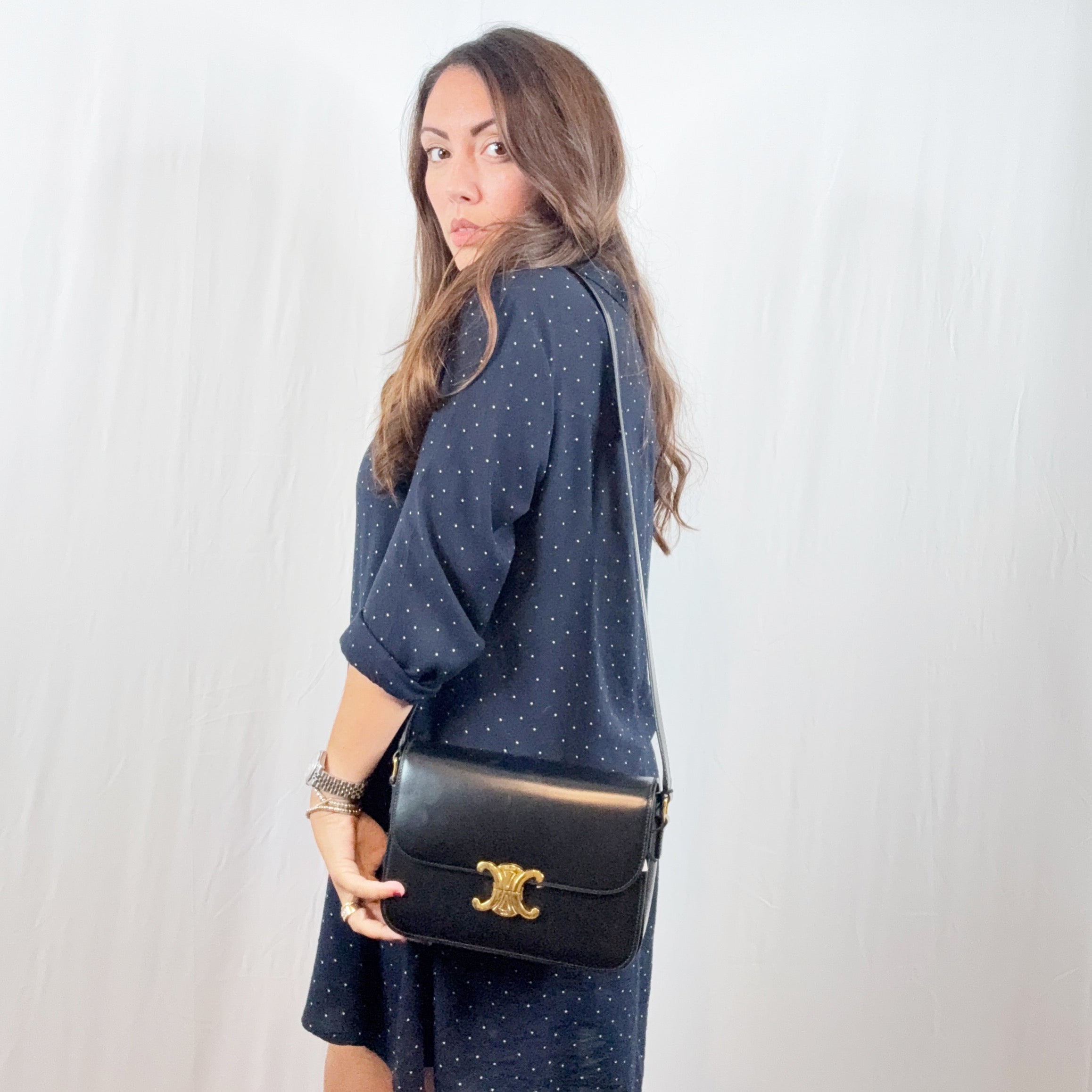 Celine Black Leather Triomphe Classique Medium Shoulder Bag