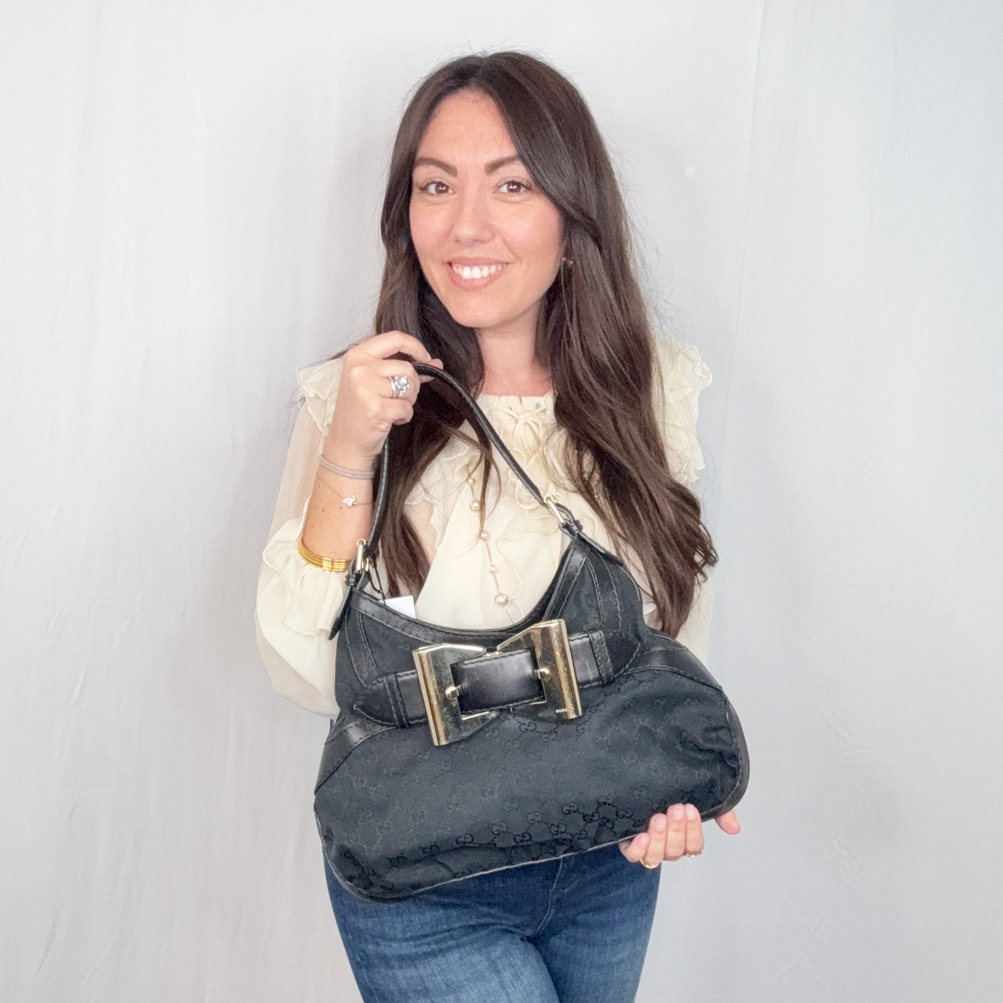 Gucci Black Monogram Canvas Queen Hobo Shoulder Bag
