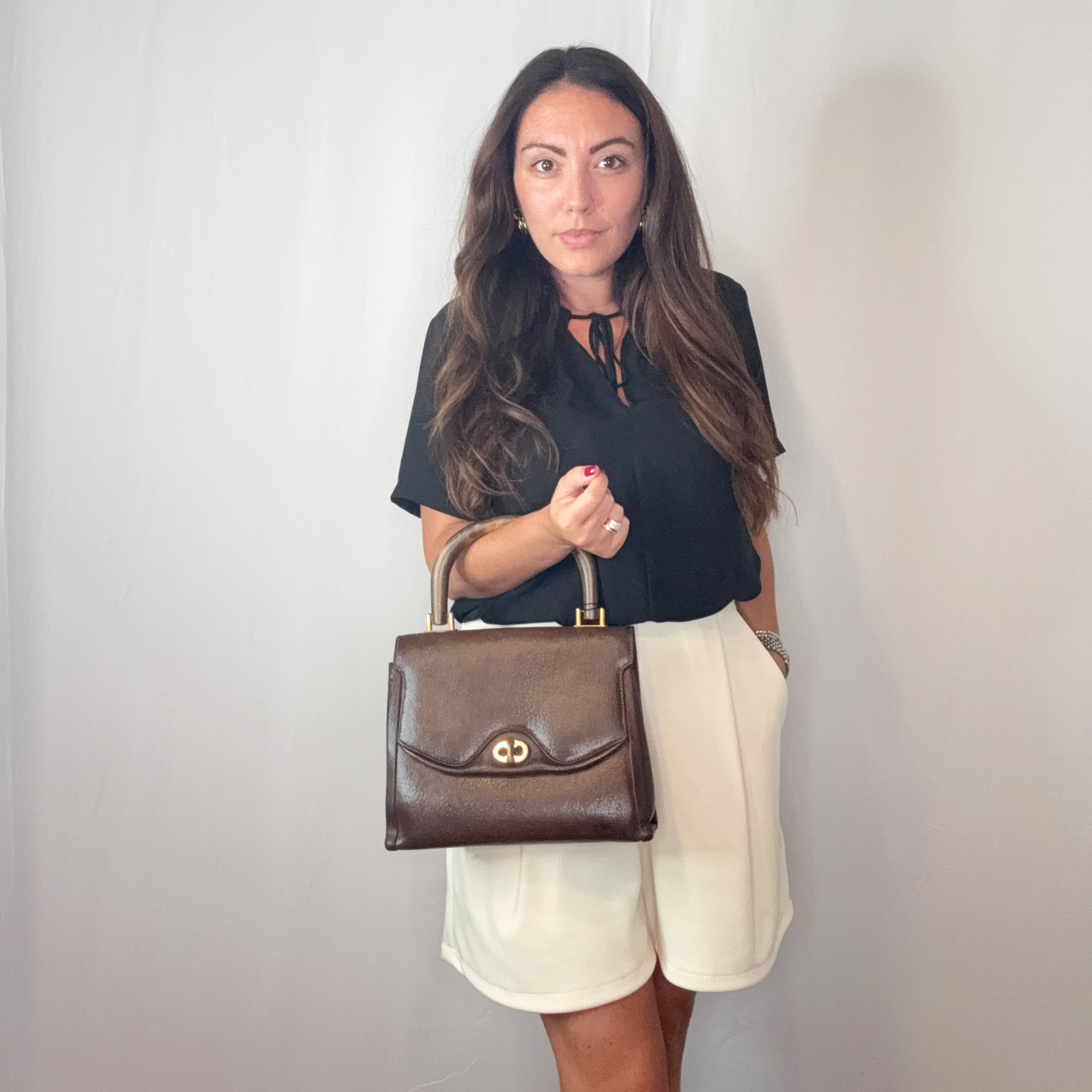 Gucci Vintage Braune Ledertasche mit Holzgriff
