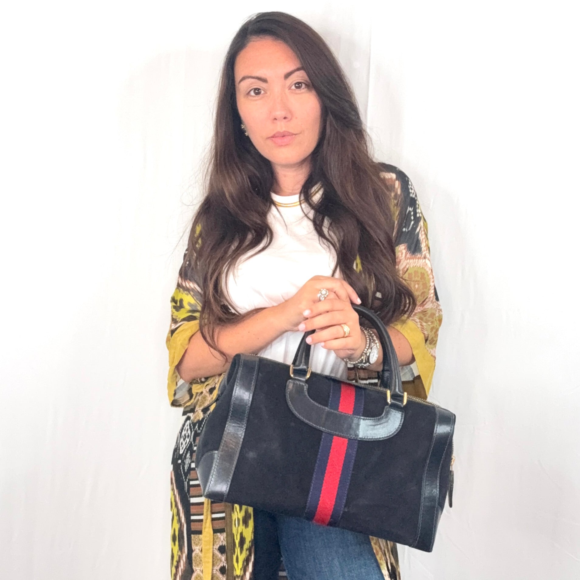 Borsa a mano Boston Gucci Vintage in pelle scamosciata blu con strisce Web