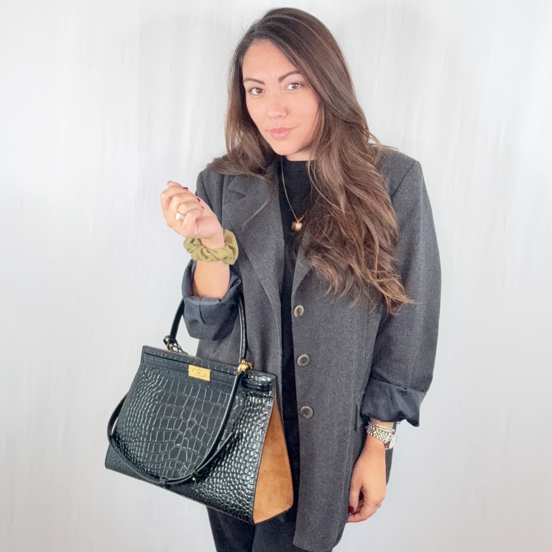Tory Burch Black Embossed Leather Lee Radziwill Satchel Bag