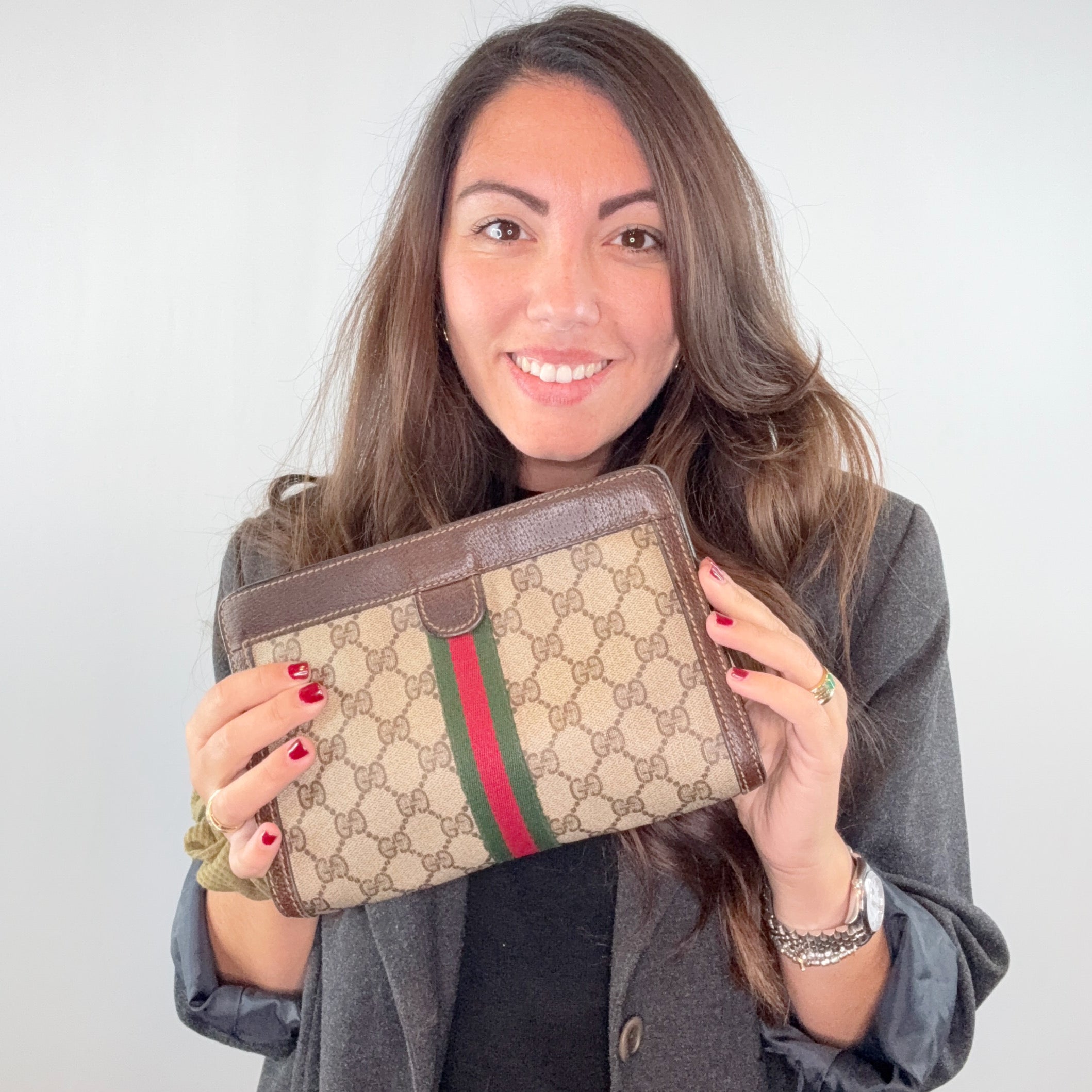 Gucci Vintage Beige Monogram Cosmetic Bag Ophidia Clutch with Stripes