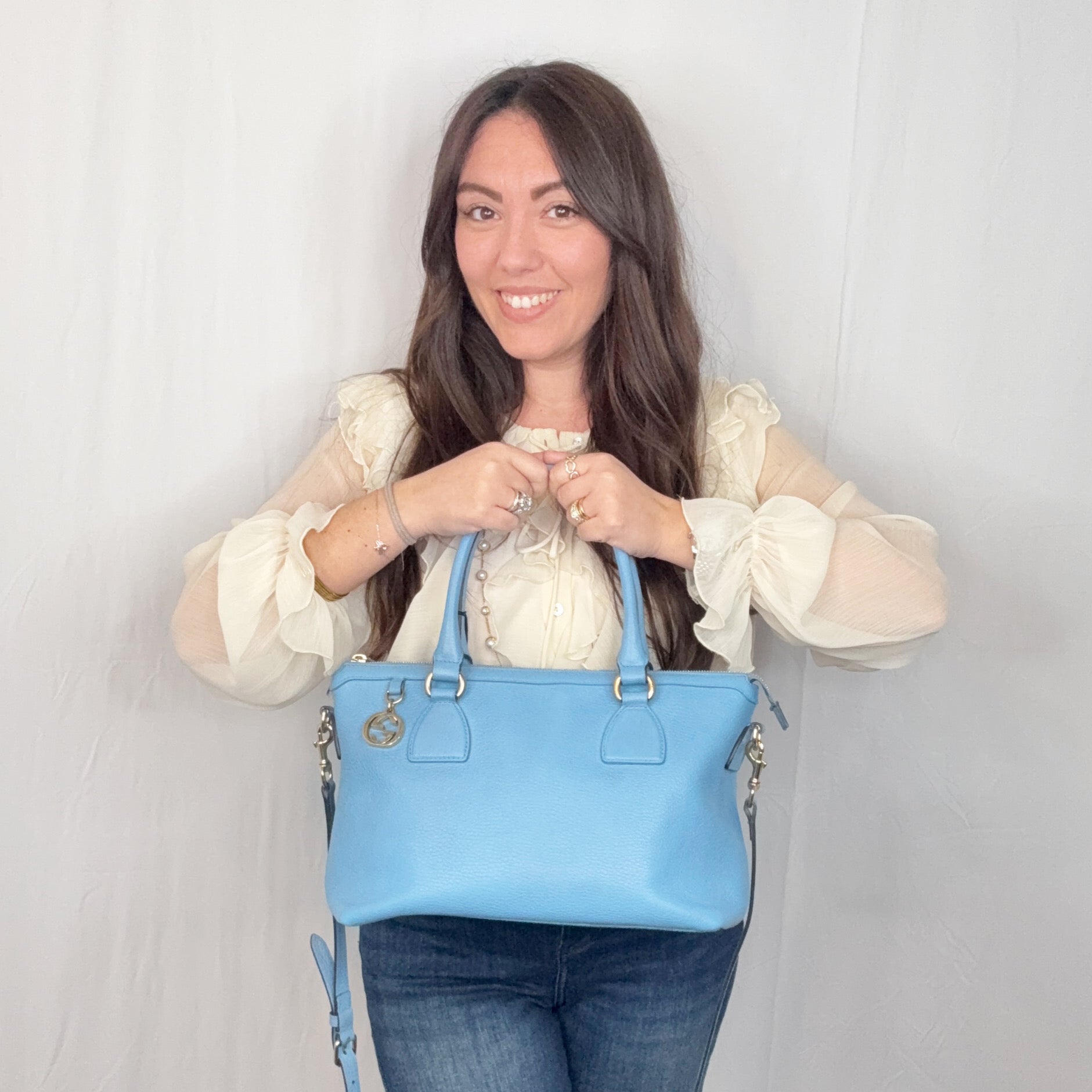 Gucci Light Blue Leather GG Charmy 2 Way Tote Bag with Strap