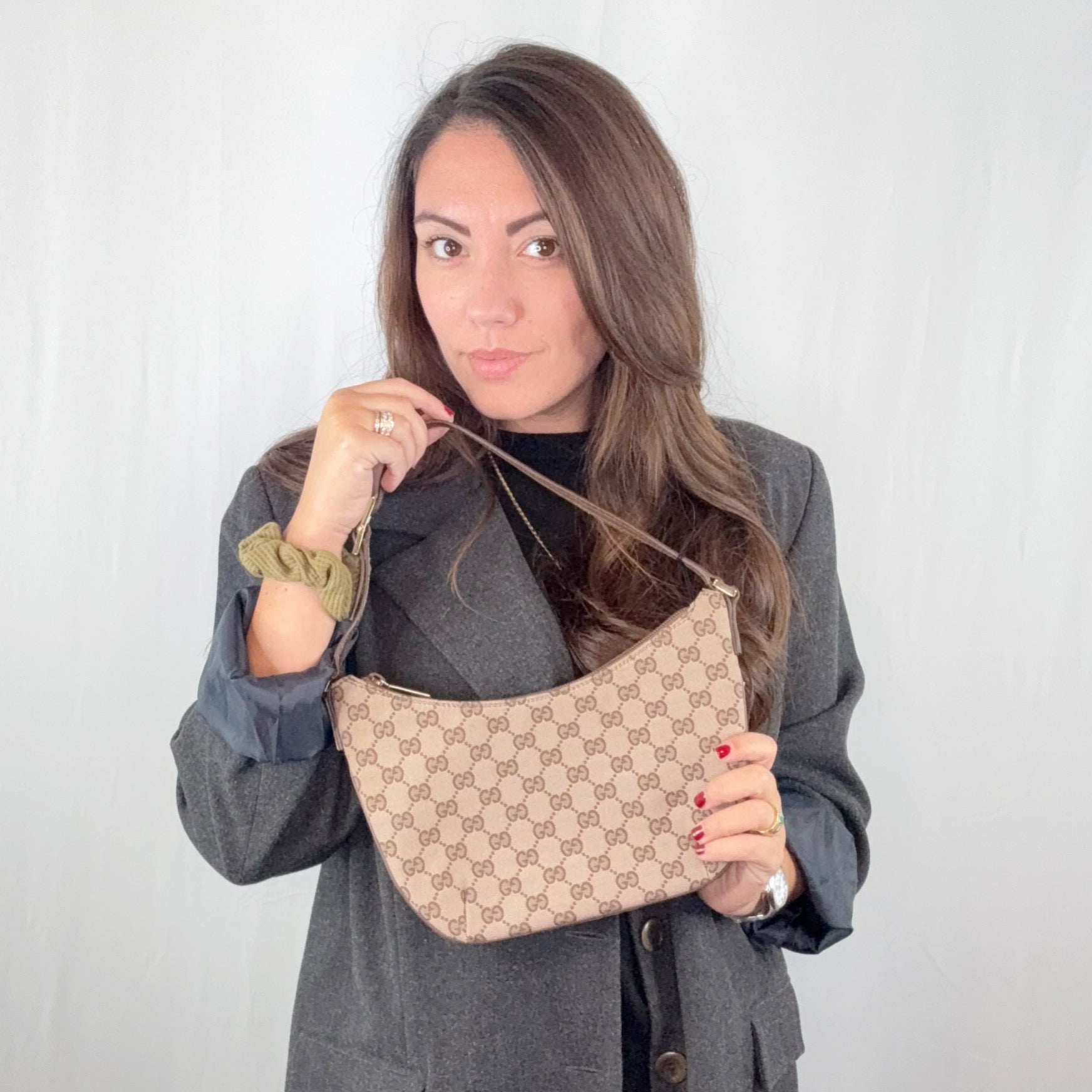 Borsa a tracolla Gucci Beige Monogram Half Moon Pochette in tela