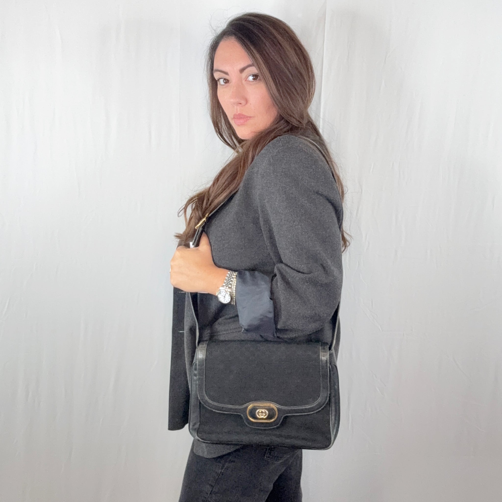 Gucci Vintage Black Monogram Canvas and Leather Shoulder Bag