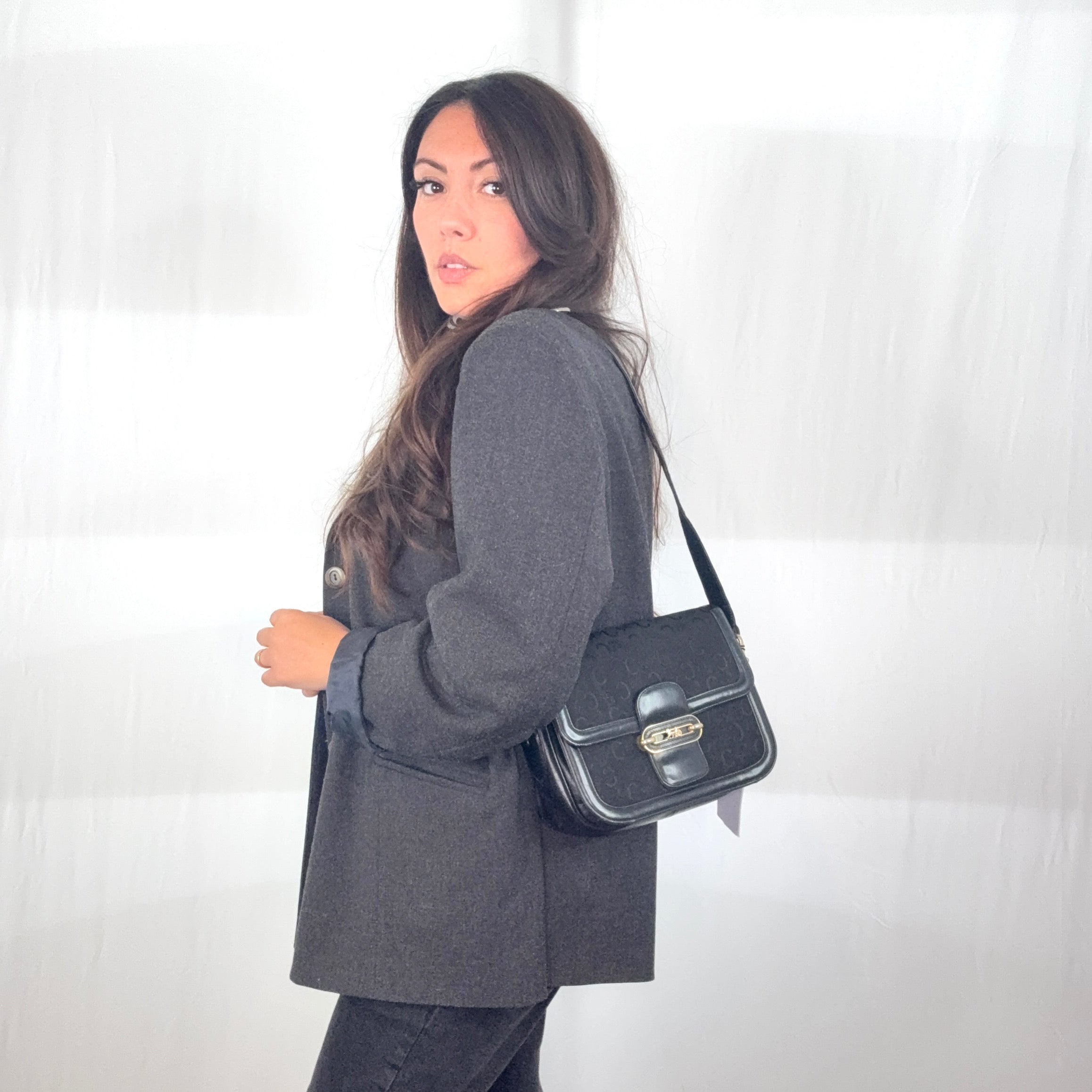 Borsa a tracolla Celine Vintage nera in tela con patta a scatola C Carriage