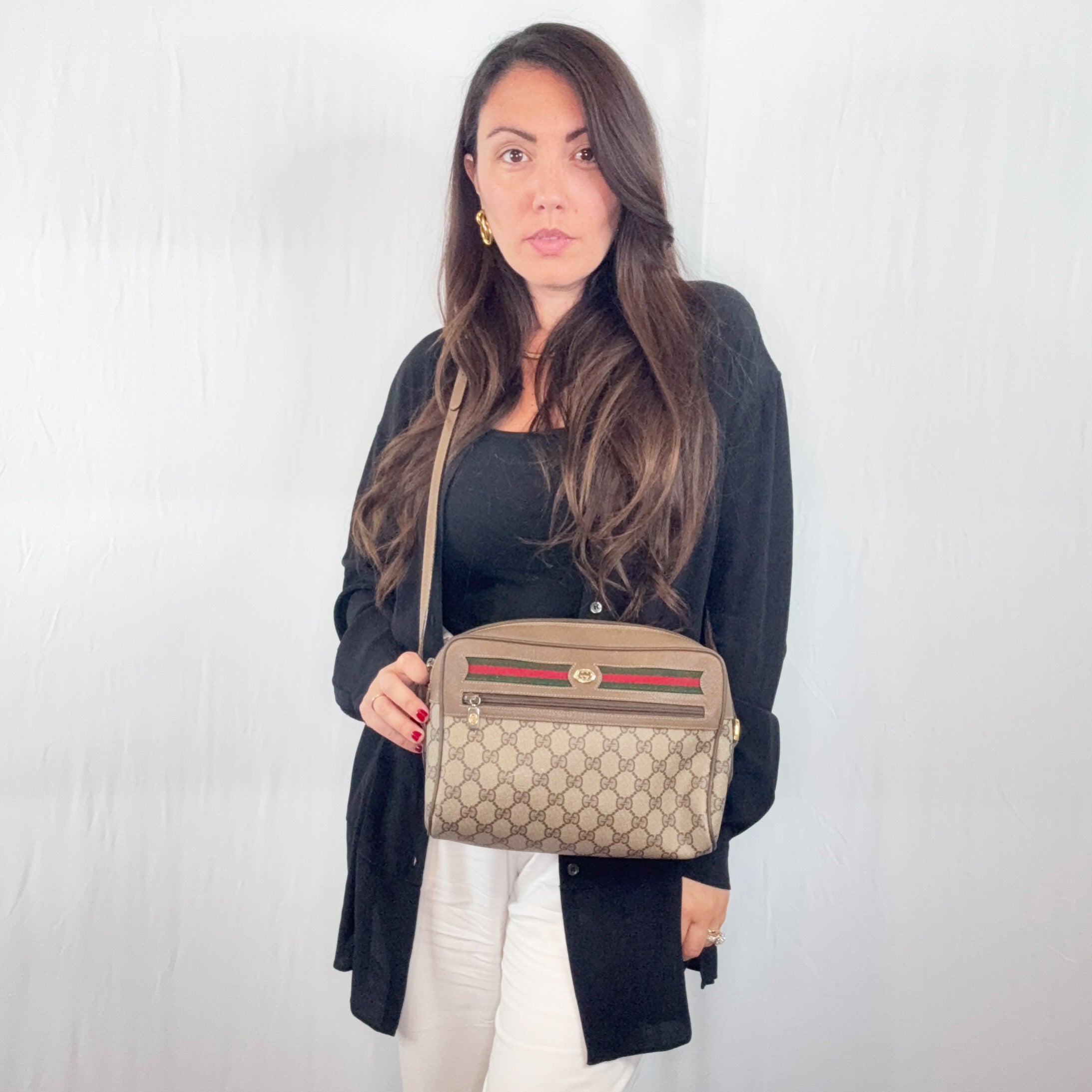 Gucci Vintage Beige Monogram Canvas Ophidia Stripes Crossbody Bag