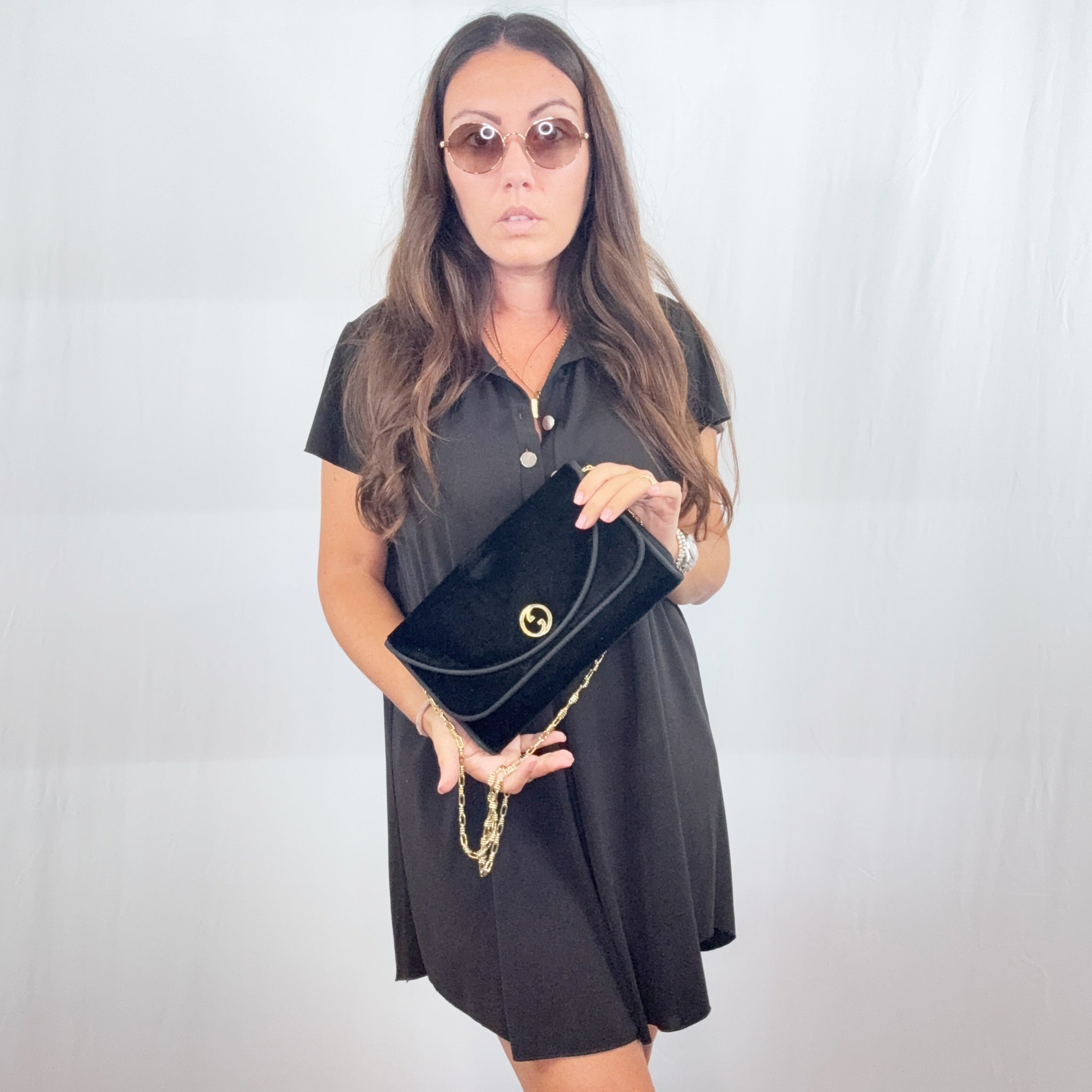 Borsa da sera Gucci Vintage in velluto nero con tracolla a catena