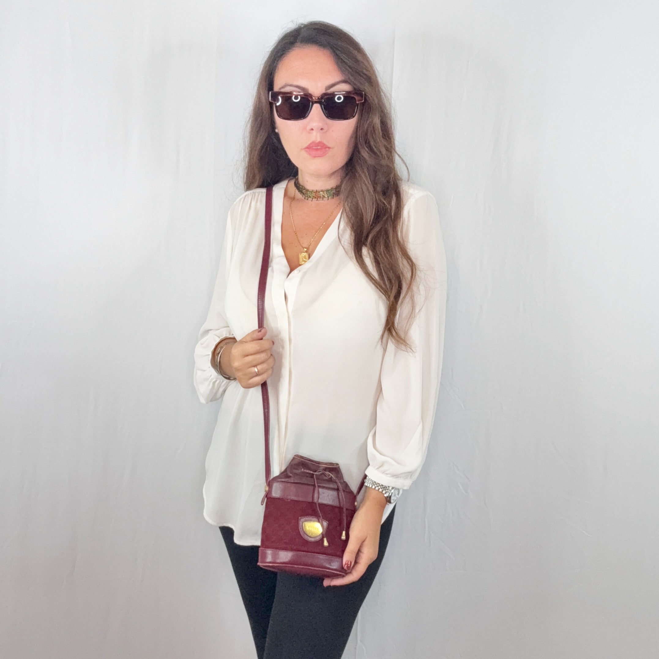 Gucci Vintage Burgunder Monogramm Canvas Mini Bucket Bag mit Kordelzug