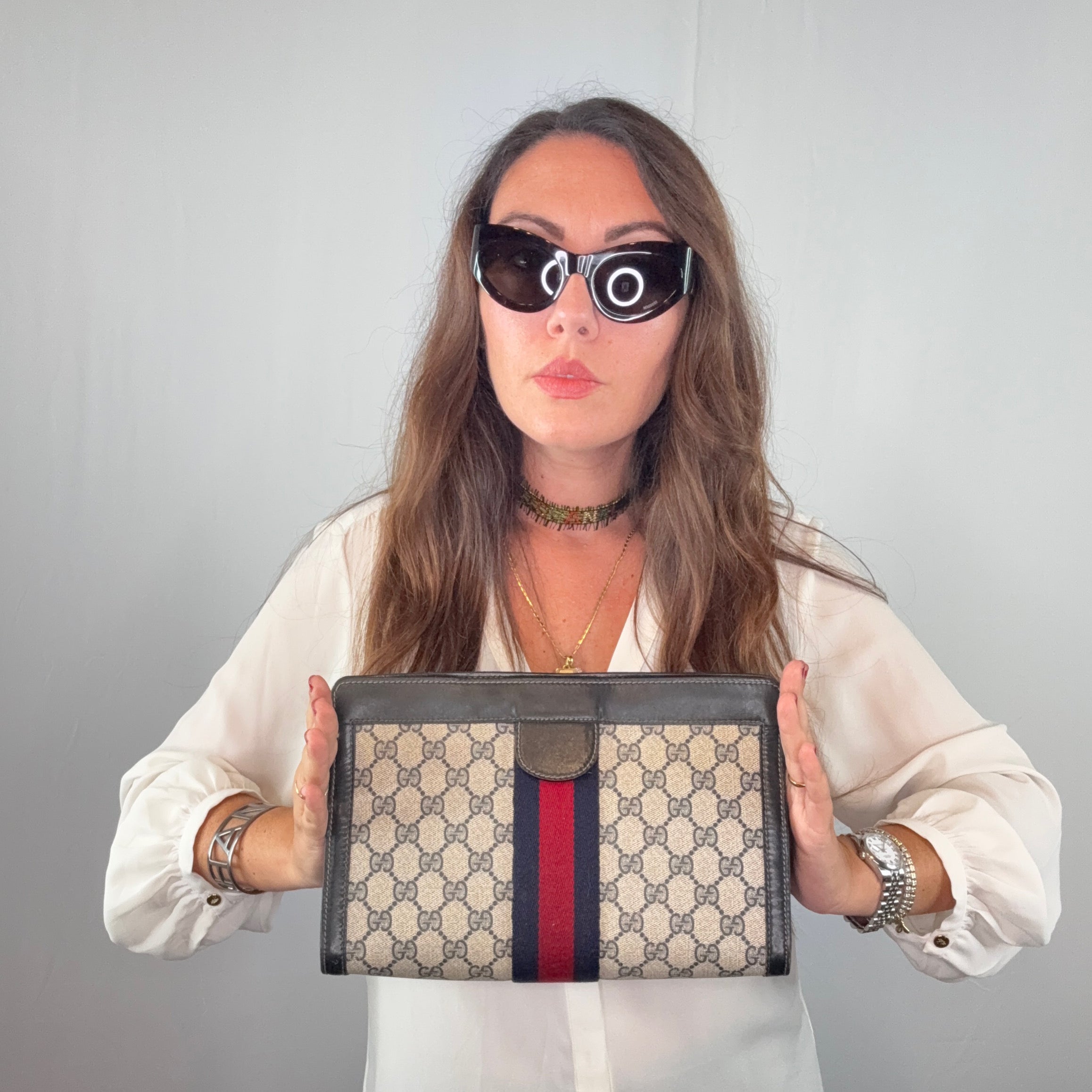 Gucci Vintage Blue Monogram Kosmetiktasche Große Clutch mit Streifen