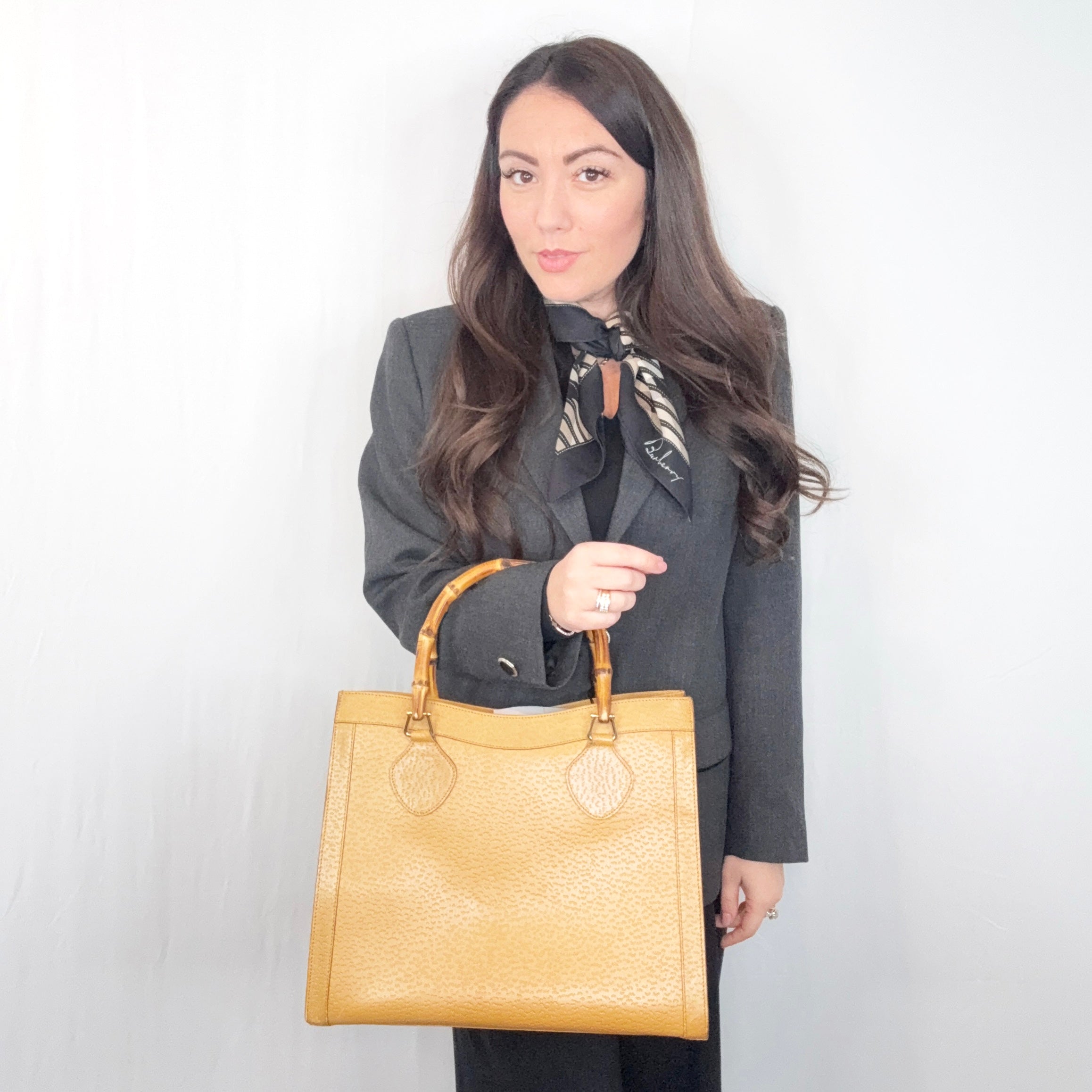 Gucci Tan Beige Leather Bamboo Princess Diana Tote Bag