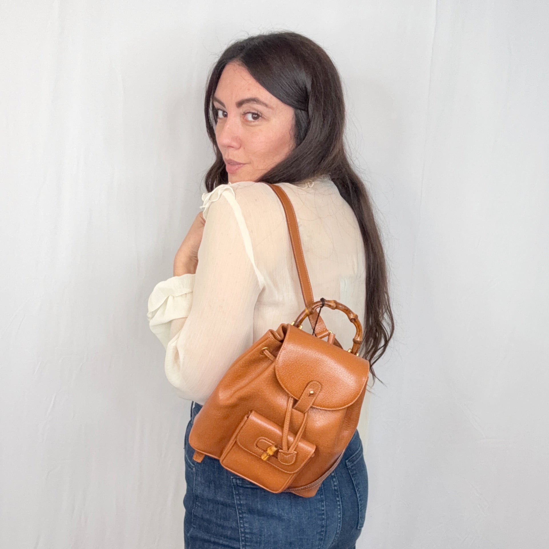 Gucci Vintage Beige Leather Small Bamboo Backpack Shoulder Bag