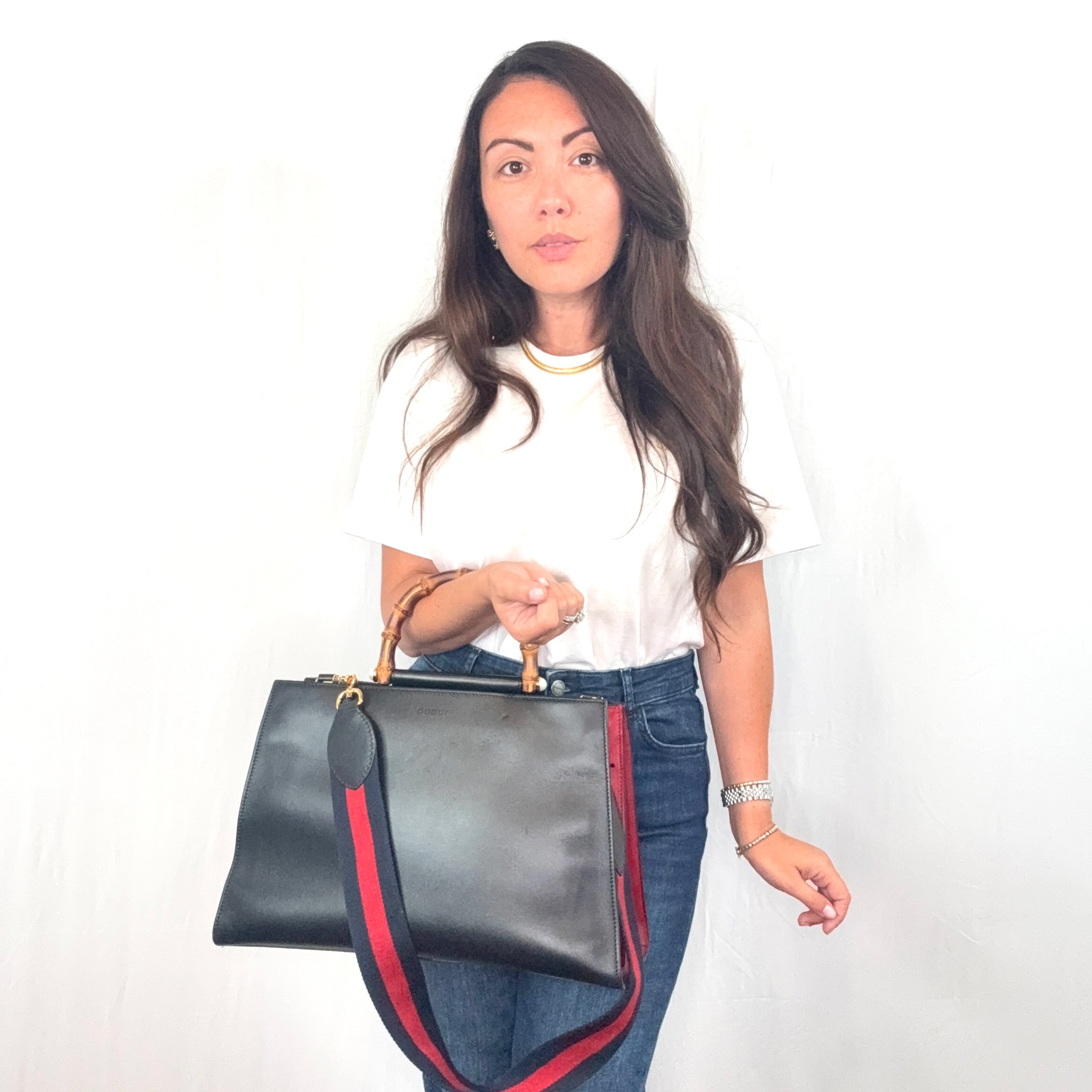 Borsa tote Gucci Nymphaea in pelle nera con manico in bambù e tracolla