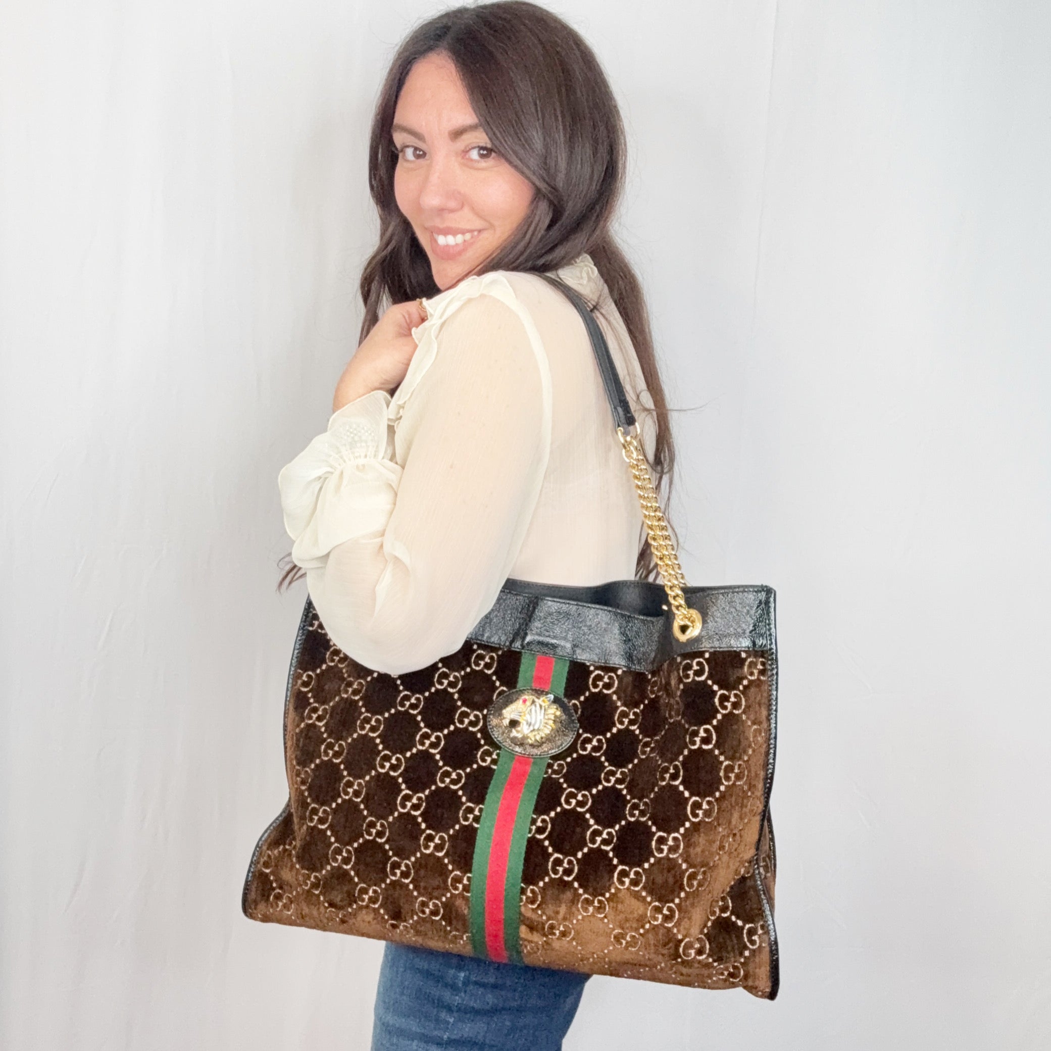 Gucci Brown Monogram Velvet Large Rajah Tote Shoulder Bag