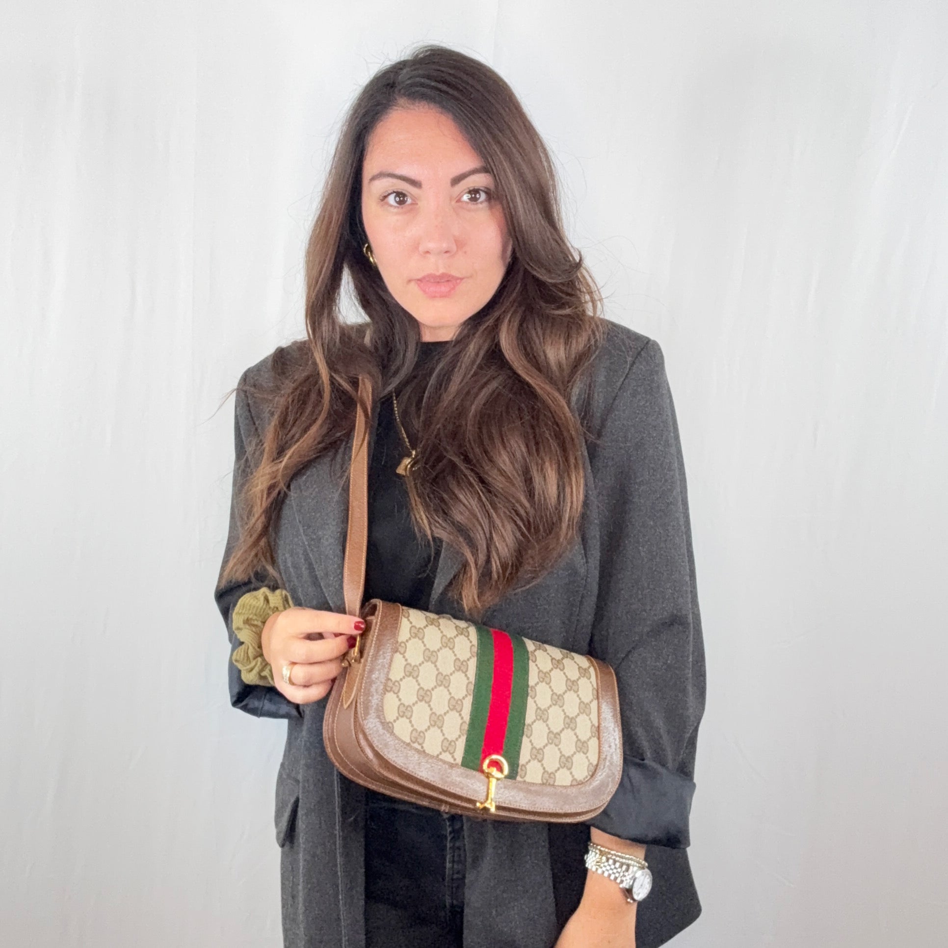 Gucci Vintage Brown Monogram Ophidia Web Zip Crossbody Bag