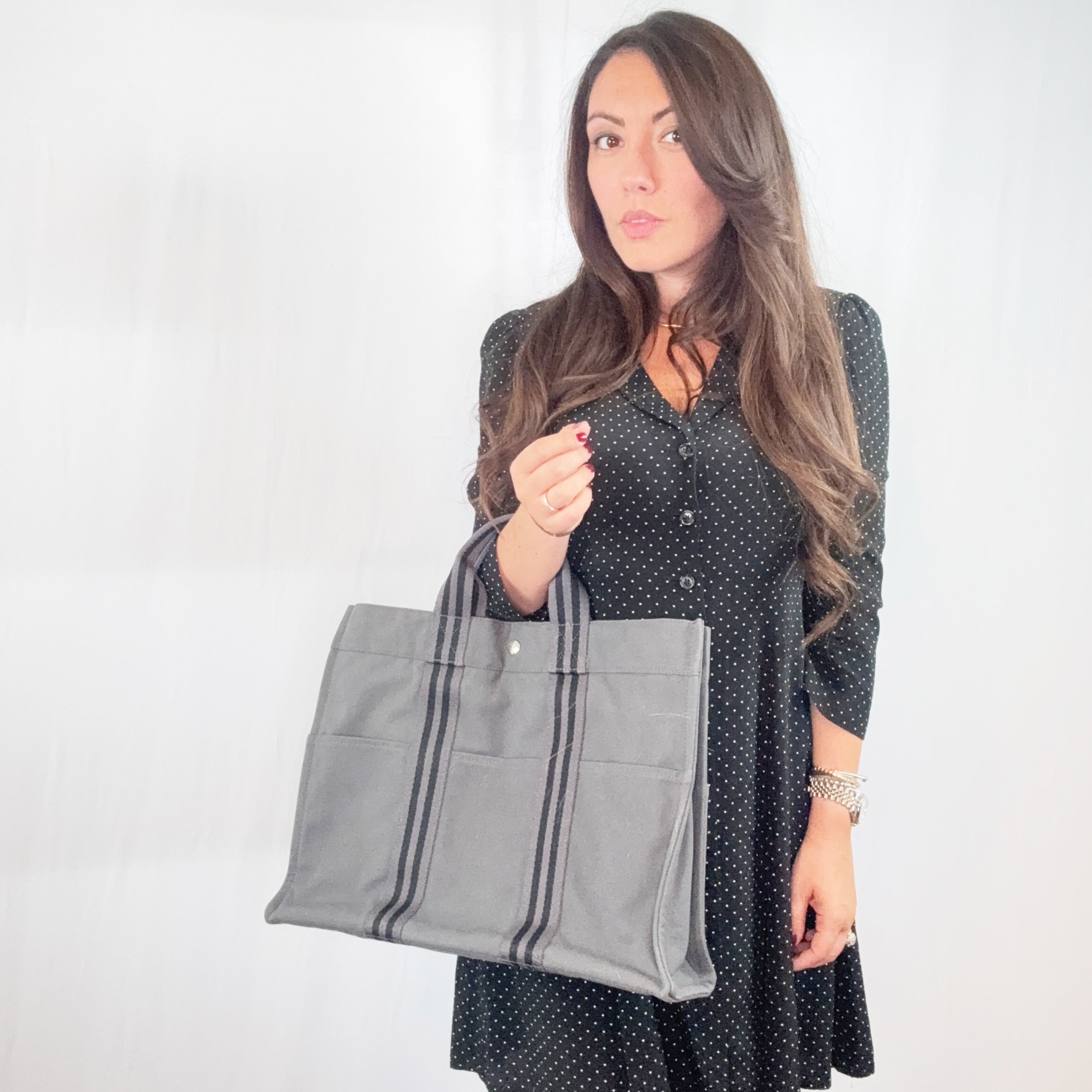 Borsa tote Hermes Paris Fourre Tout MM in cotone a righe grigie e nere