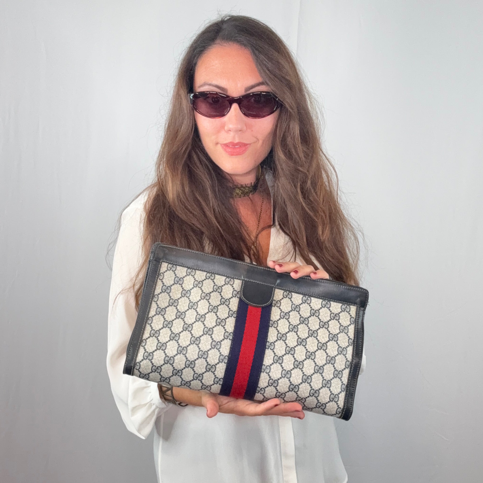 Gucci Vintage Blue Monogram Kosmetiktasche Große Clutch mit Streifen
