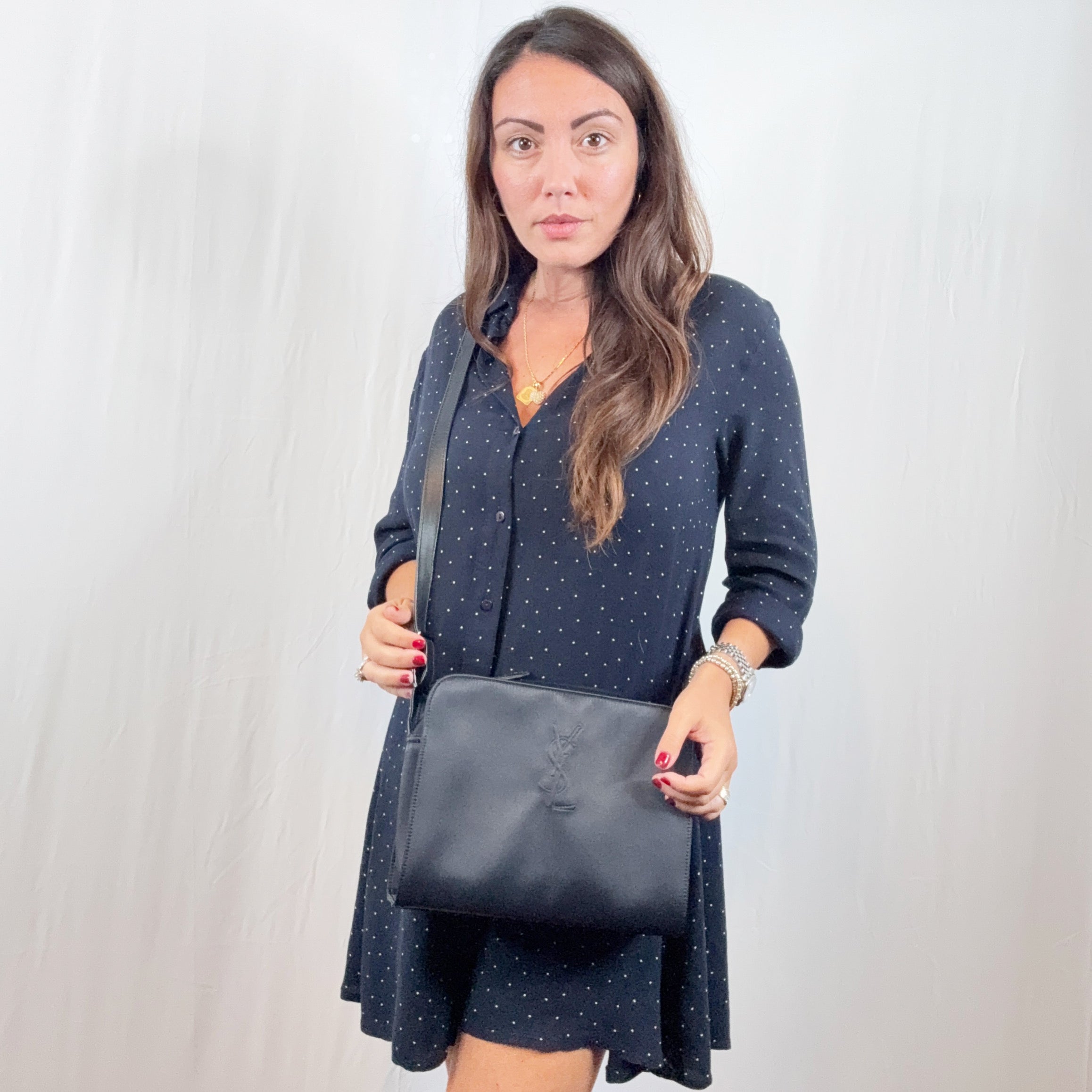 Yves Saint Laurent Vintage Black Satin YSL Logo Shoulder Bag
