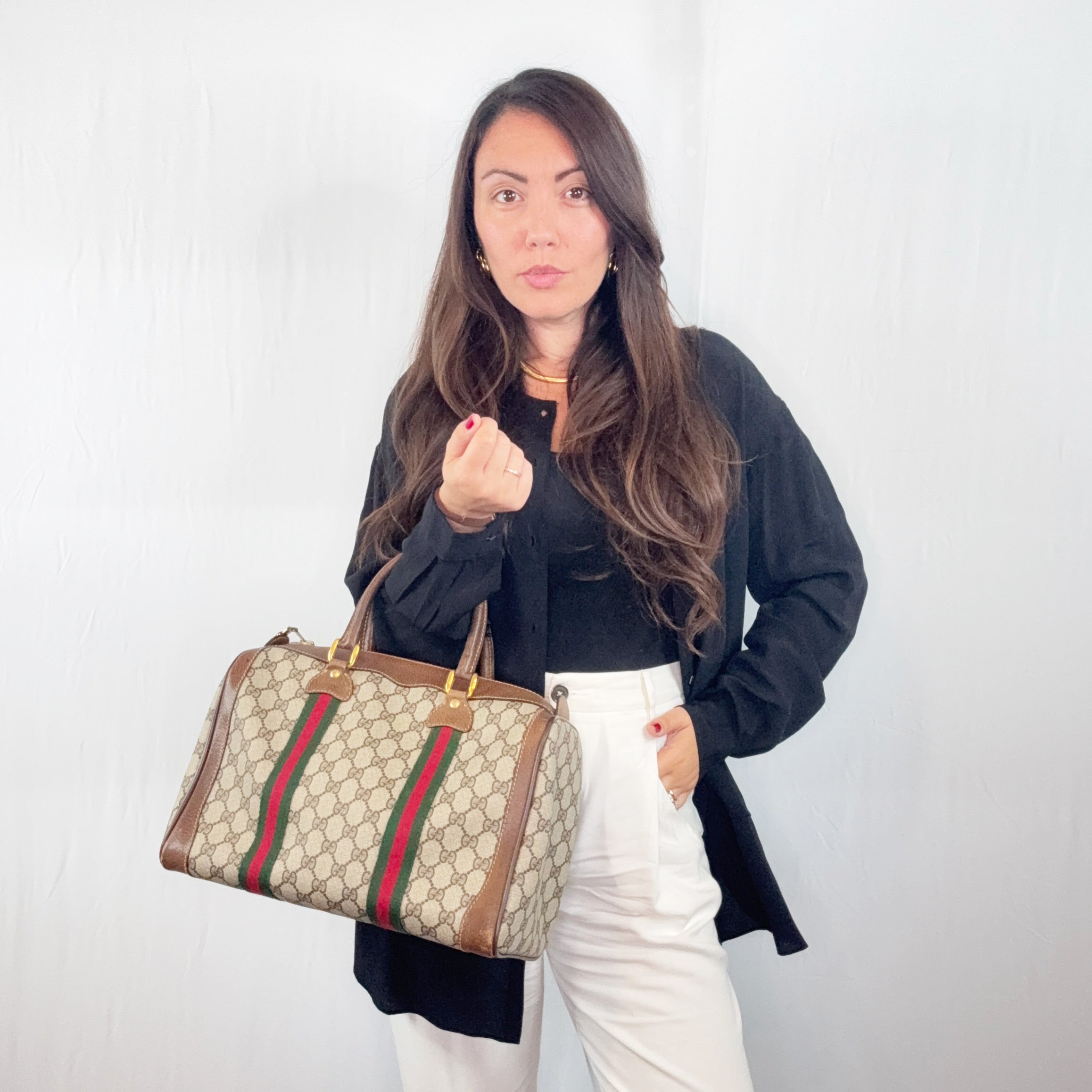 Gucci Vintage Monogram Canvas Leather Web Duffle Satchel Bag