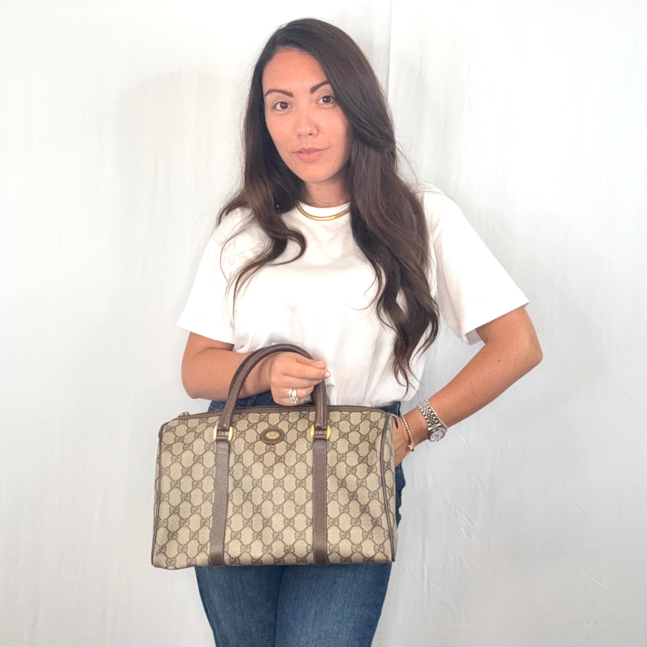 Borsa a tracolla Gucci Vintage Beige Monogram Canvas Pelle GG Logo Boston
