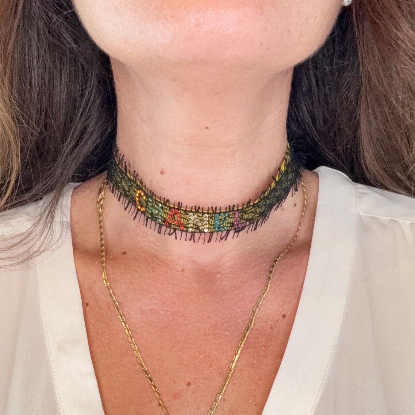 Chanel Multicolor Strass Gelb Wildleder Schwarz Spitze Choker Halskette